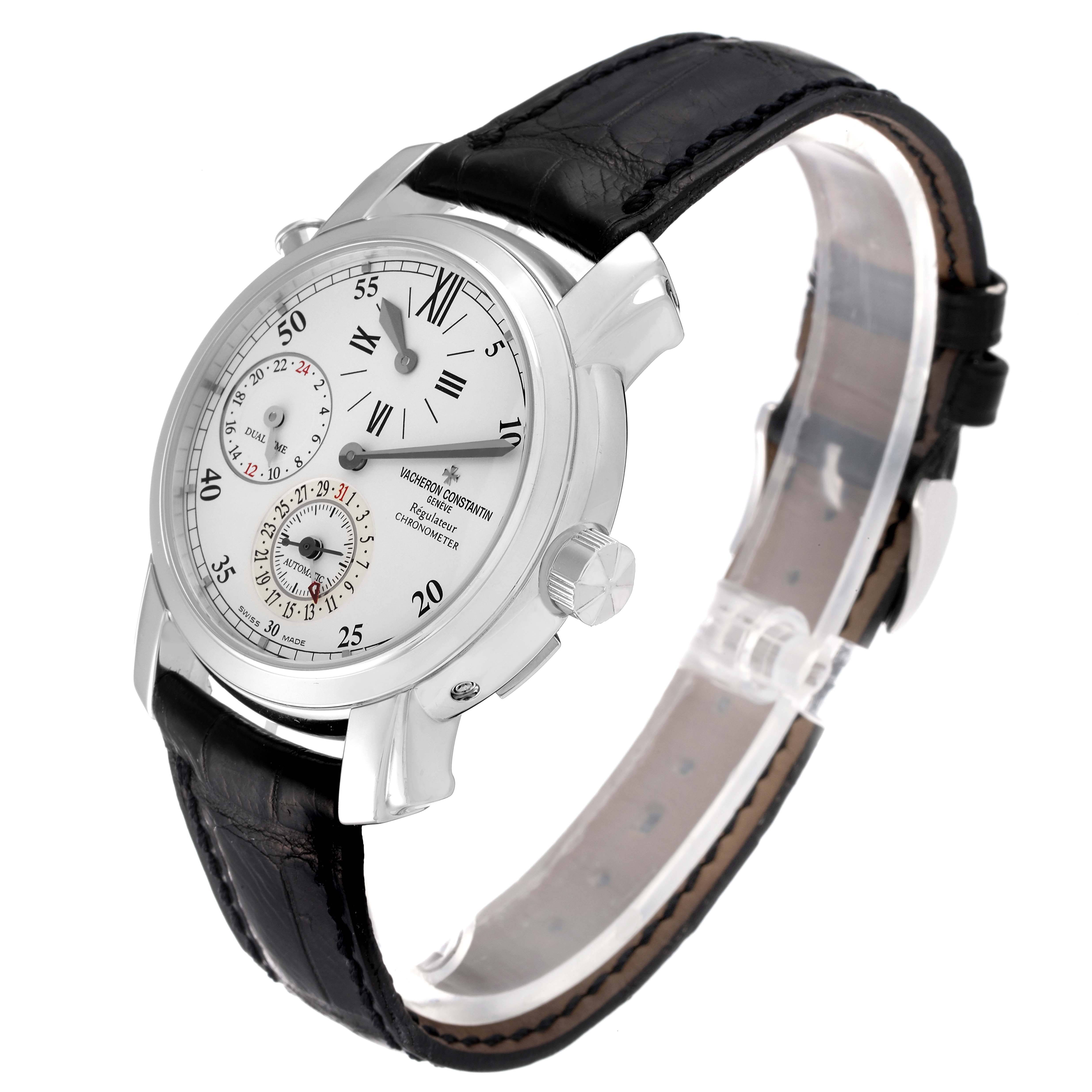 The Vacheron Constantin Malte 42005/000G-8900 Men
s White Gold Silver Dial 42005/000G-8900 Men
s White Gold Silver Dial watch is shown from an angled side view, displaying its face, dial, and black leather strap.