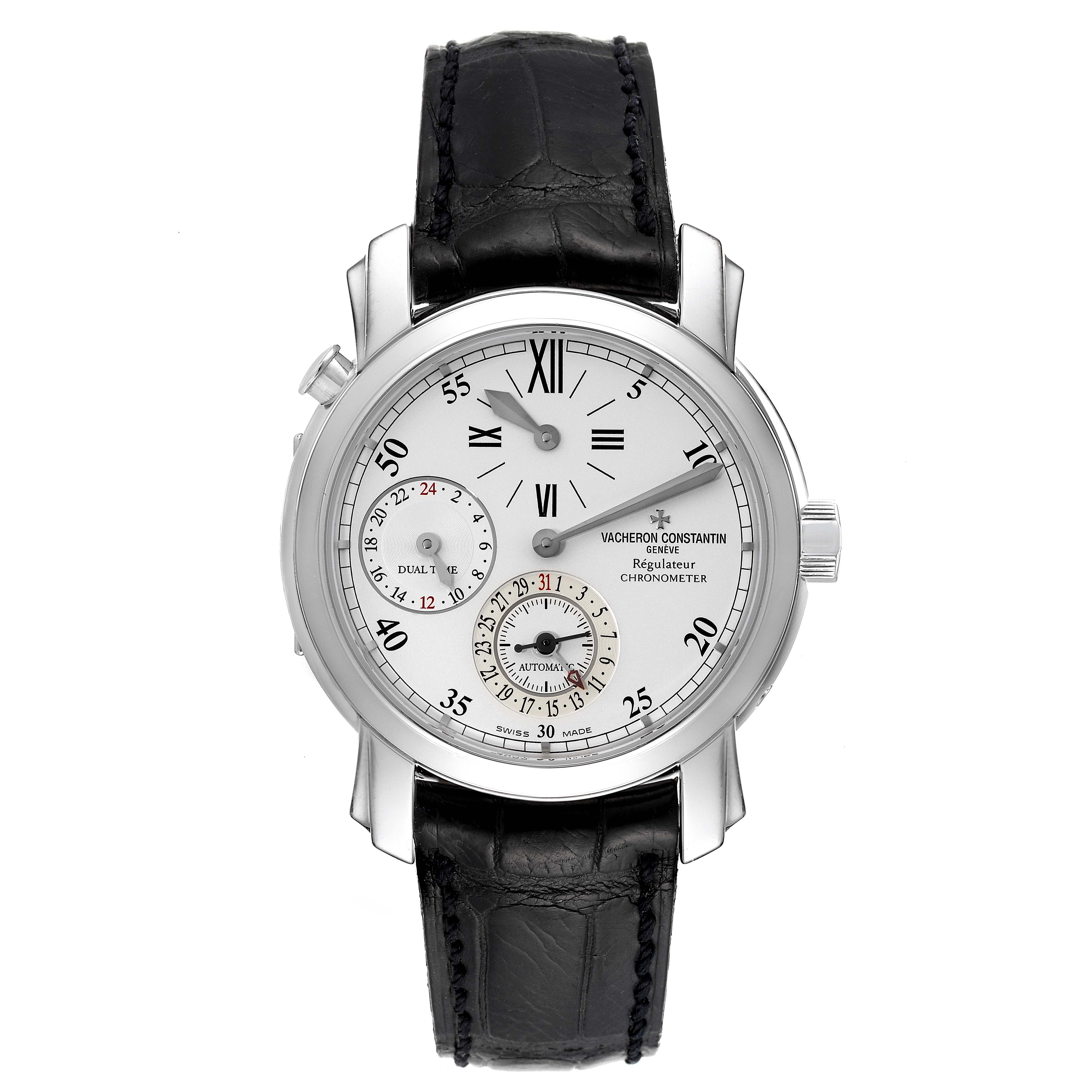 This image shows a front view of the dial and leather strap of a Vacheron Constantin Malte 42005/000G-8900 Men
s White Gold Silver Dial 42005/000G-8900 Men
s White Gold Silver Dial model watch.