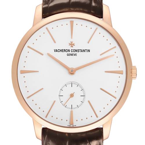 The image shows a frontal angle of the Vacheron Constantin Patrimony 1110U/000R Men's Rose Gold Silver Dial watch, highlighting its dial, markers, hands, and crown.