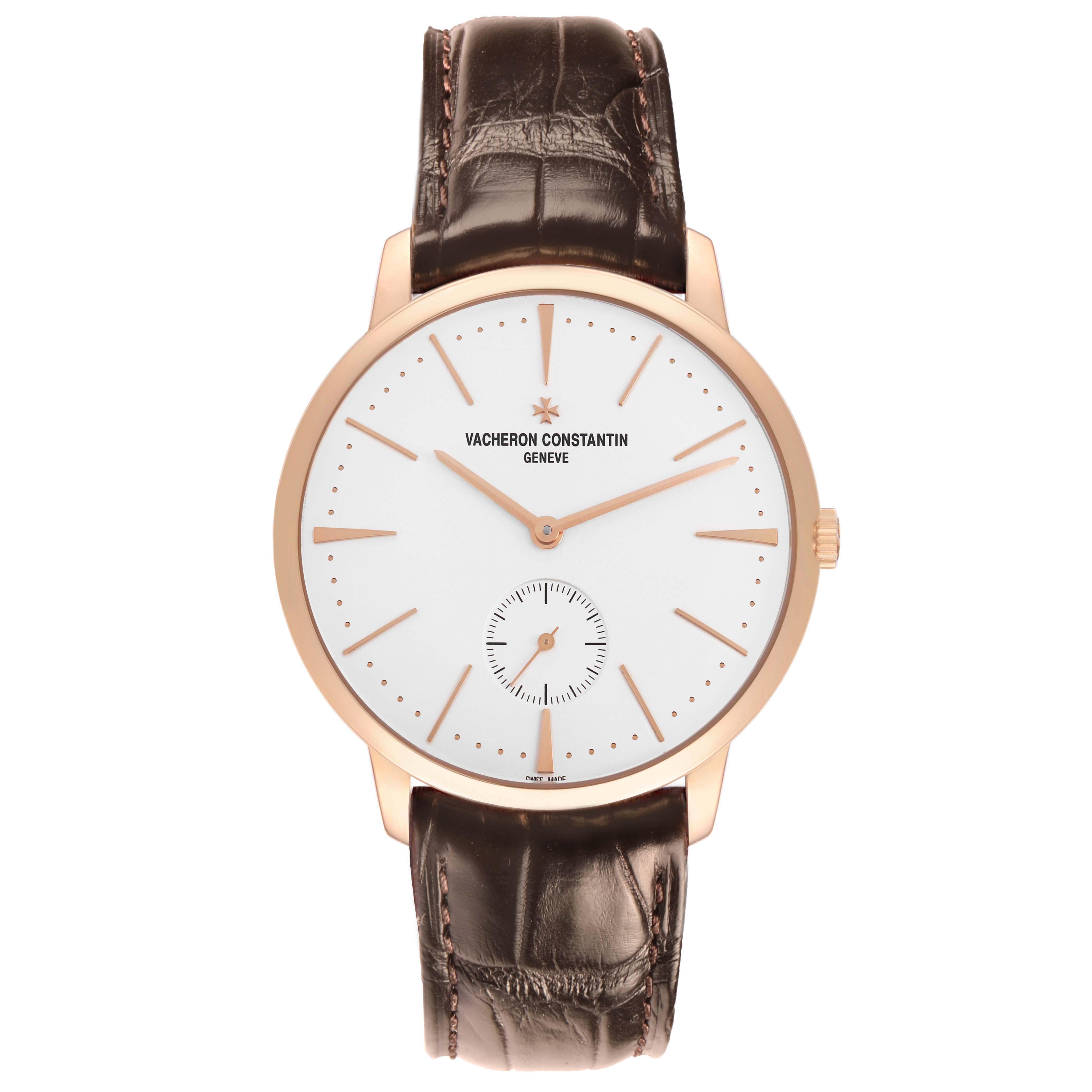 The Vacheron Constantin Patrimony 1110U/000R Men's Rose Gold Silver Dial watch is shown from a front angle, displaying its dial, crown, and strap.