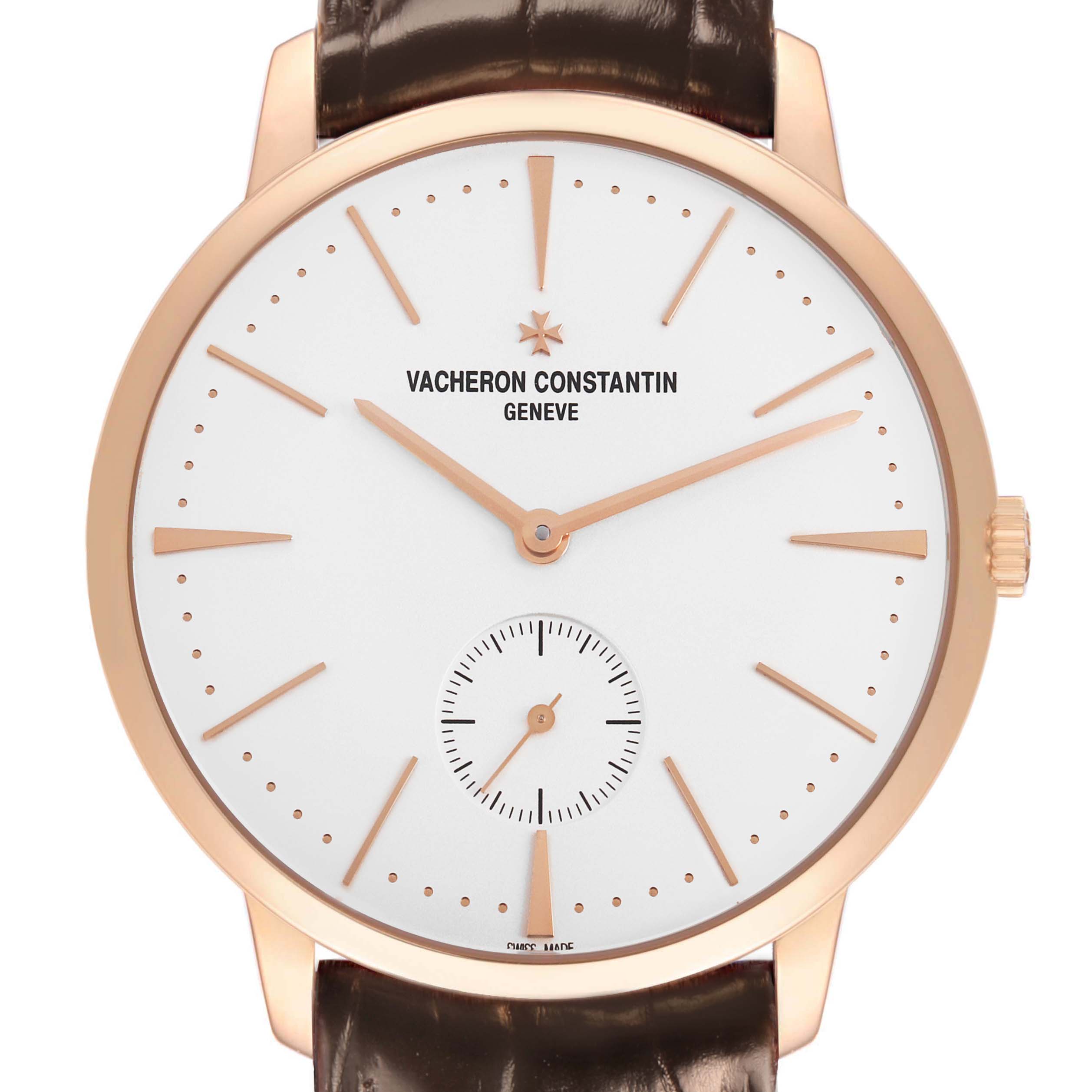 The image shows a front view of the Vacheron Constantin Patrimony 1110U/000R Men's Rose Gold Silver Dial watch, highlighting the dial, hands, and crown.