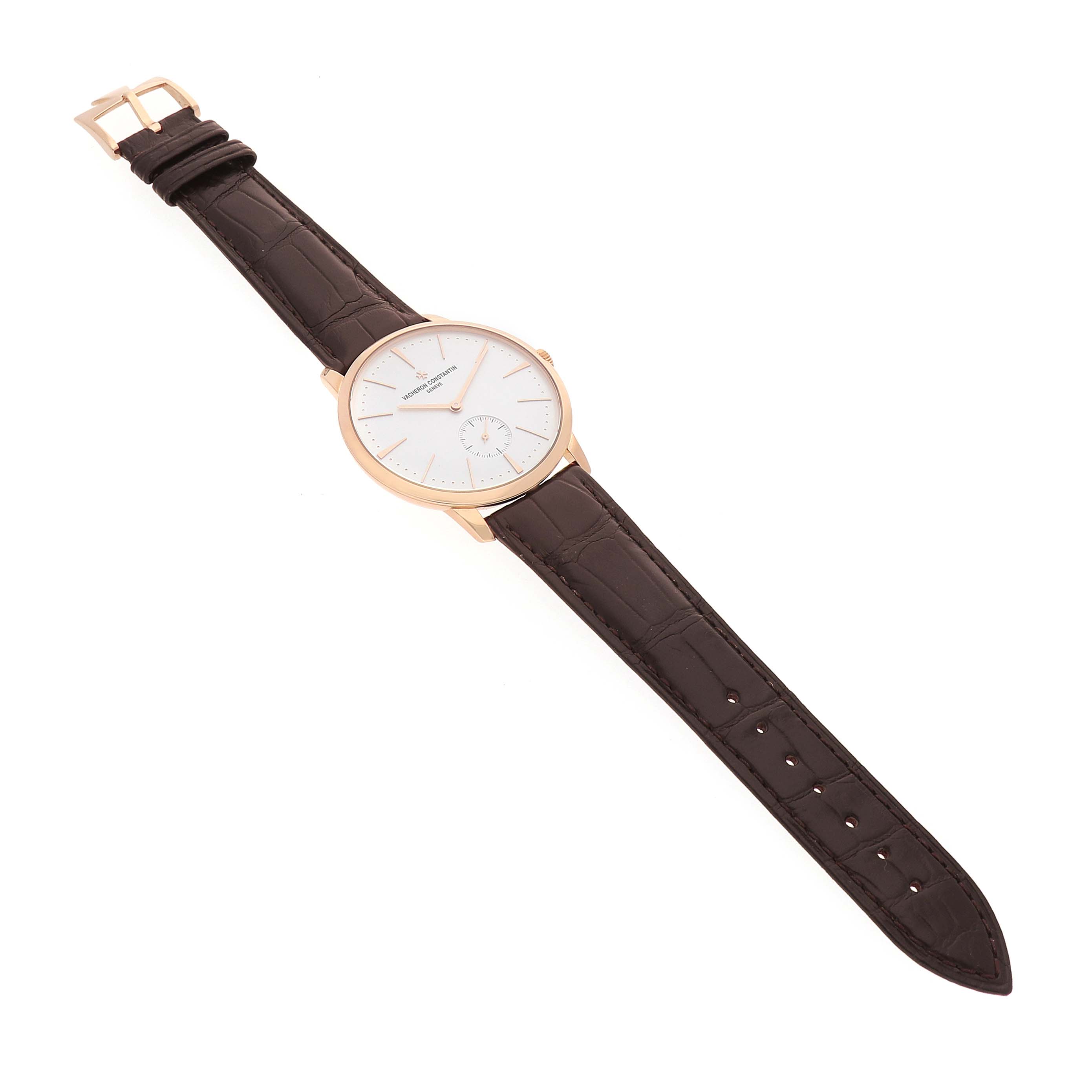 The Vacheron Constantin Patrimony 1110U/000R Men's Rose Gold Silver Dial watch is shown from a top-down angle, highlighting the face, case, and leather strap.