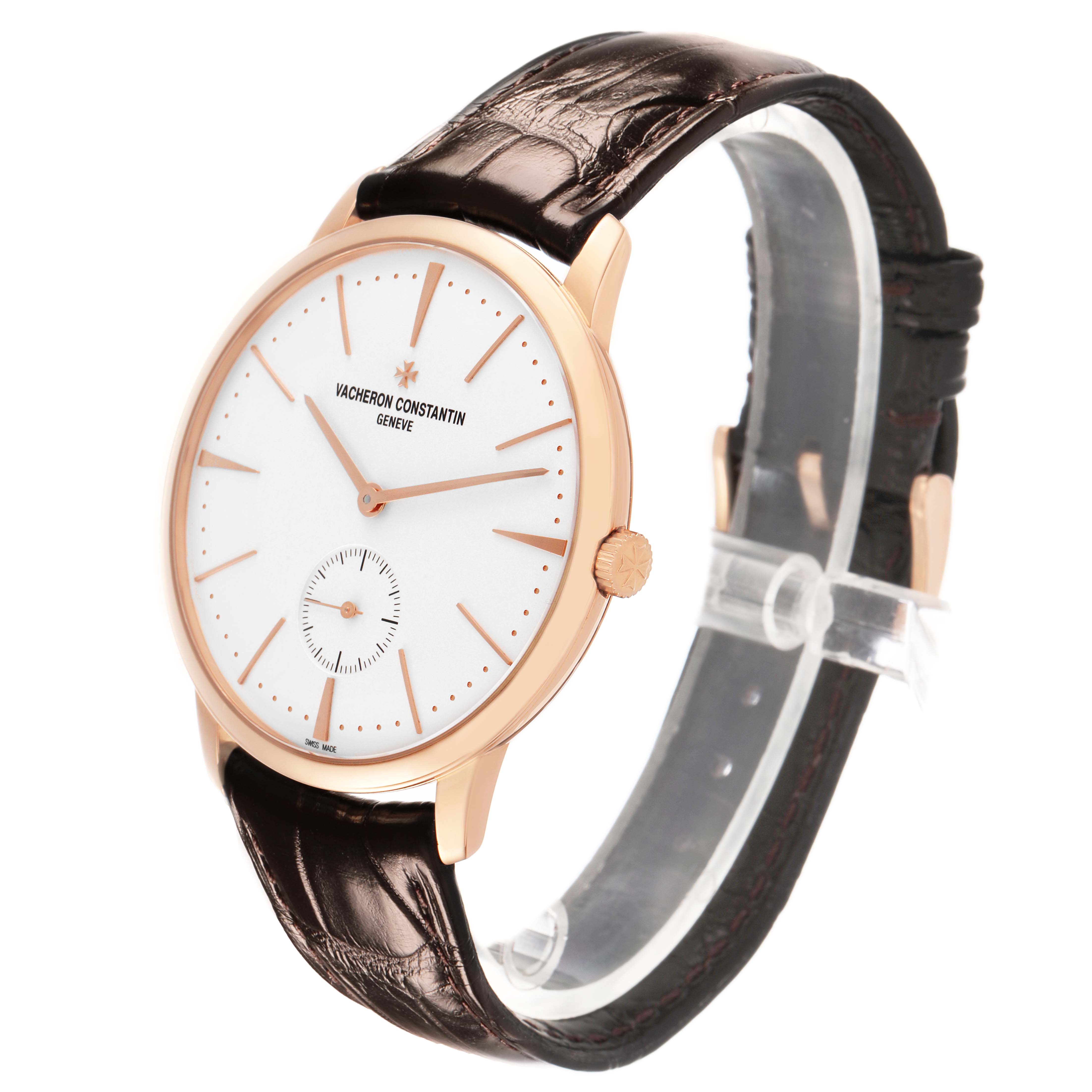 The image shows a Vacheron Constantin Patrimony 1110U/000R Men's Rose Gold Silver Dial watch at a three-quarter angle, highlighting the dial, strap, and crown.