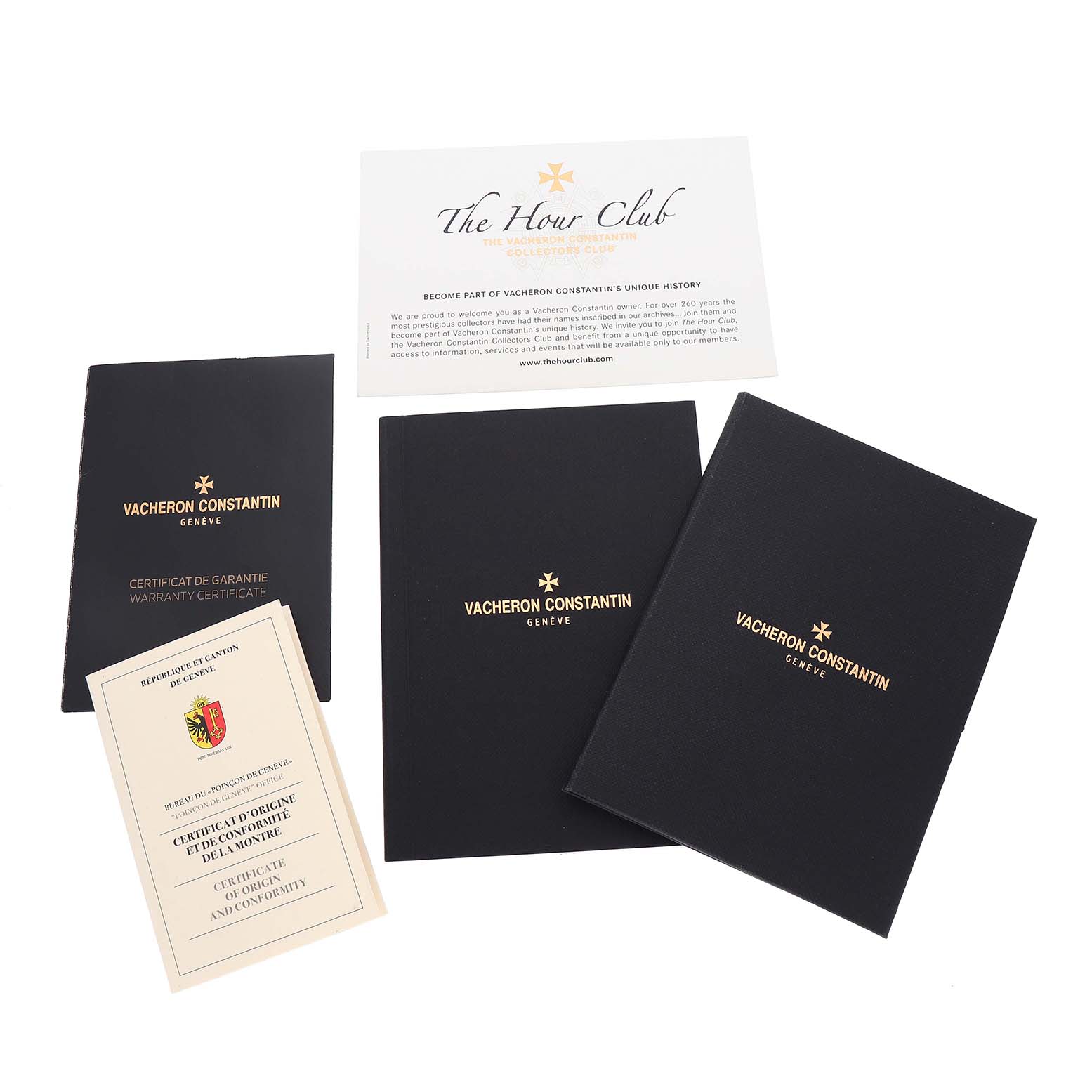 The image shows documentation for a Vacheron Constantin Patrimony 1110U/000R Men's Rose Gold Silver Dial watch, including warranty certificates and membership information.