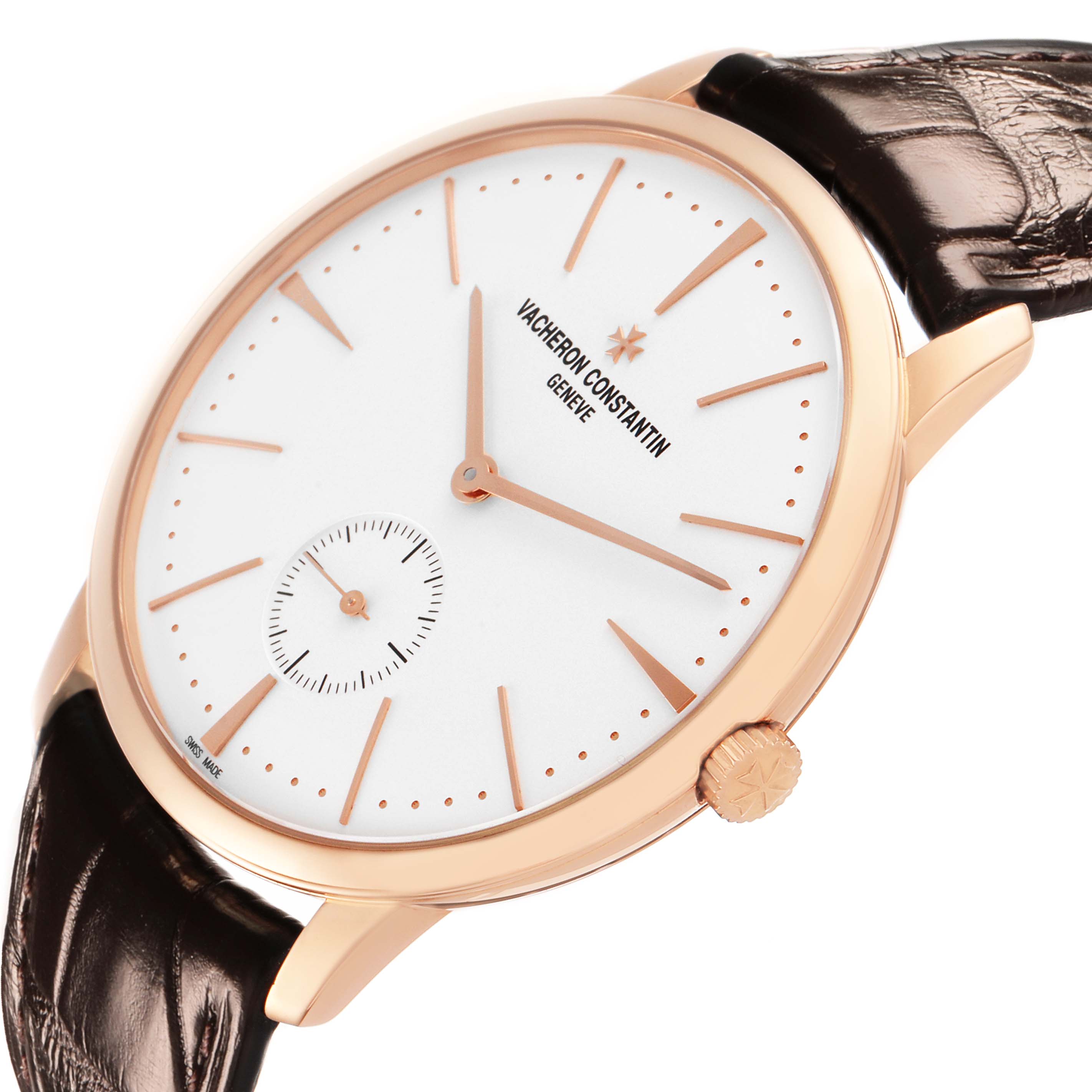 The Vacheron Constantin Patrimony 1110U/000R Men's Rose Gold Silver Dial watch is shown at an angled side view, highlighting its dial, crown, and leather strap.