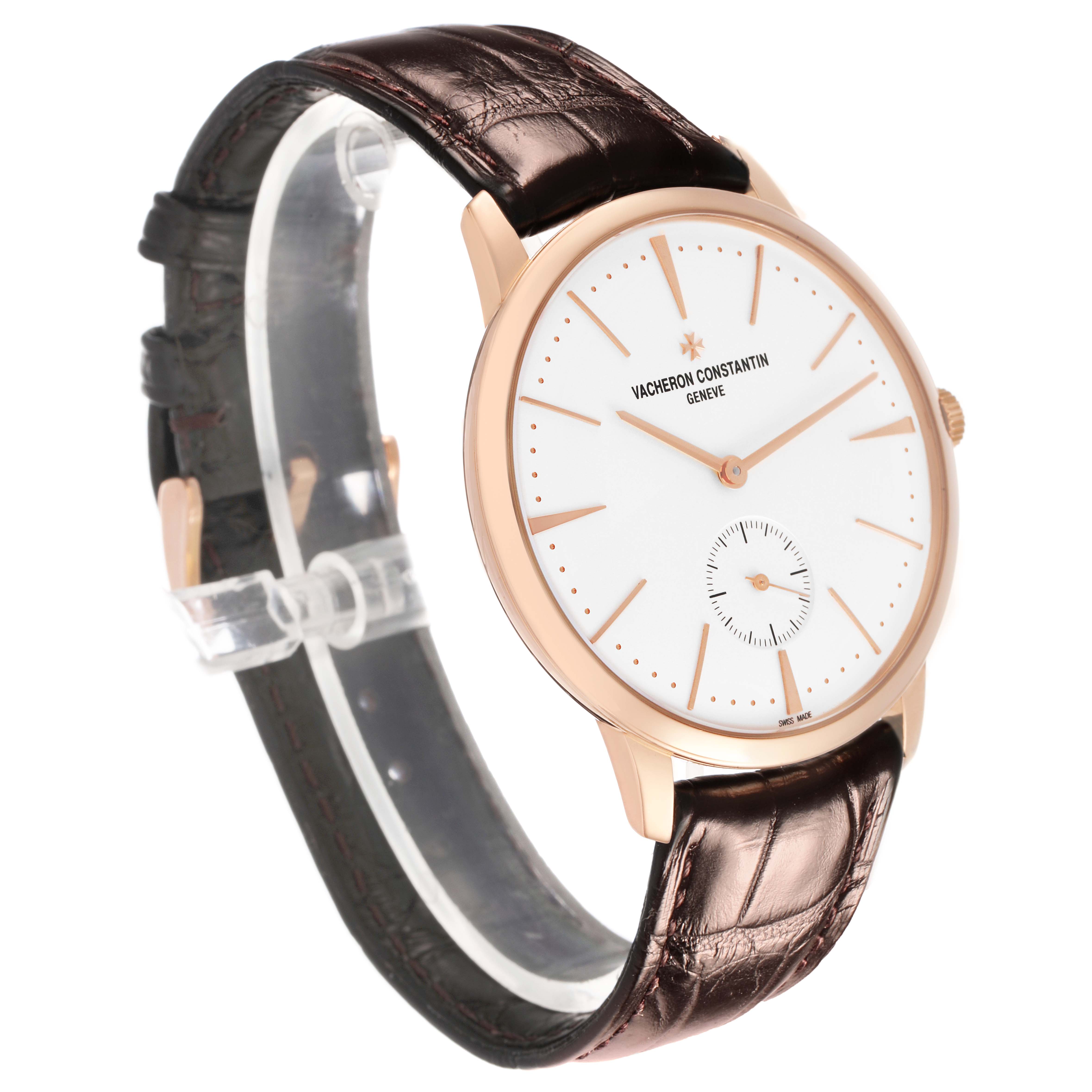 The Vacheron Constantin Patrimony 1110U/000R Men's Rose Gold Silver Dial watch is shown at a three-quarter angle, highlighting its face, rose gold case, and brown leather strap.