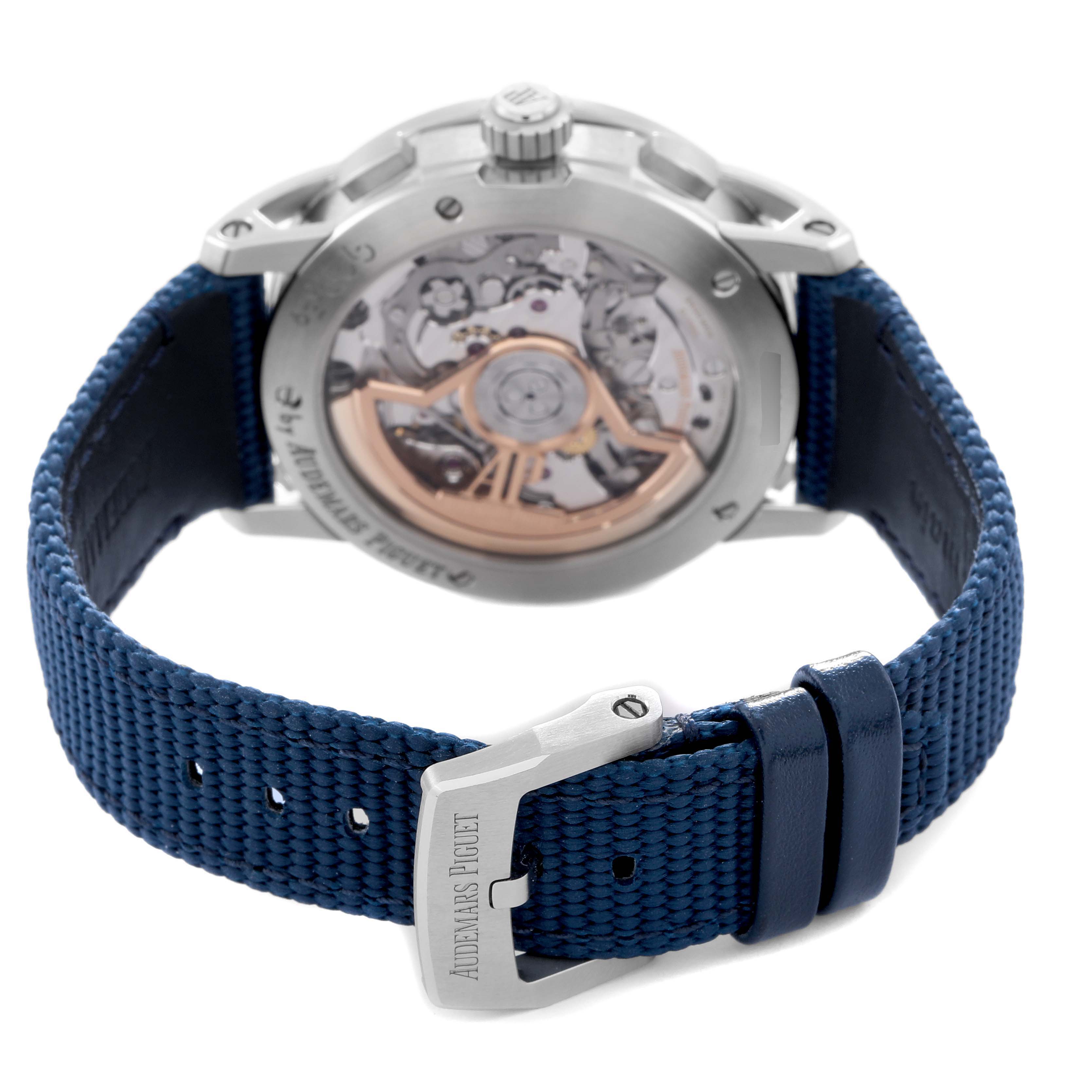 The photo shows the back view of the Audemars Piguet Jules 26393ST.OO.A348KB.01 Men
s Stainless Steel Blue Dial 26393ST.OO.A348KB.01 Men
s Stainless Steel Blue Dial watch, highlighting the movement and blue strap.