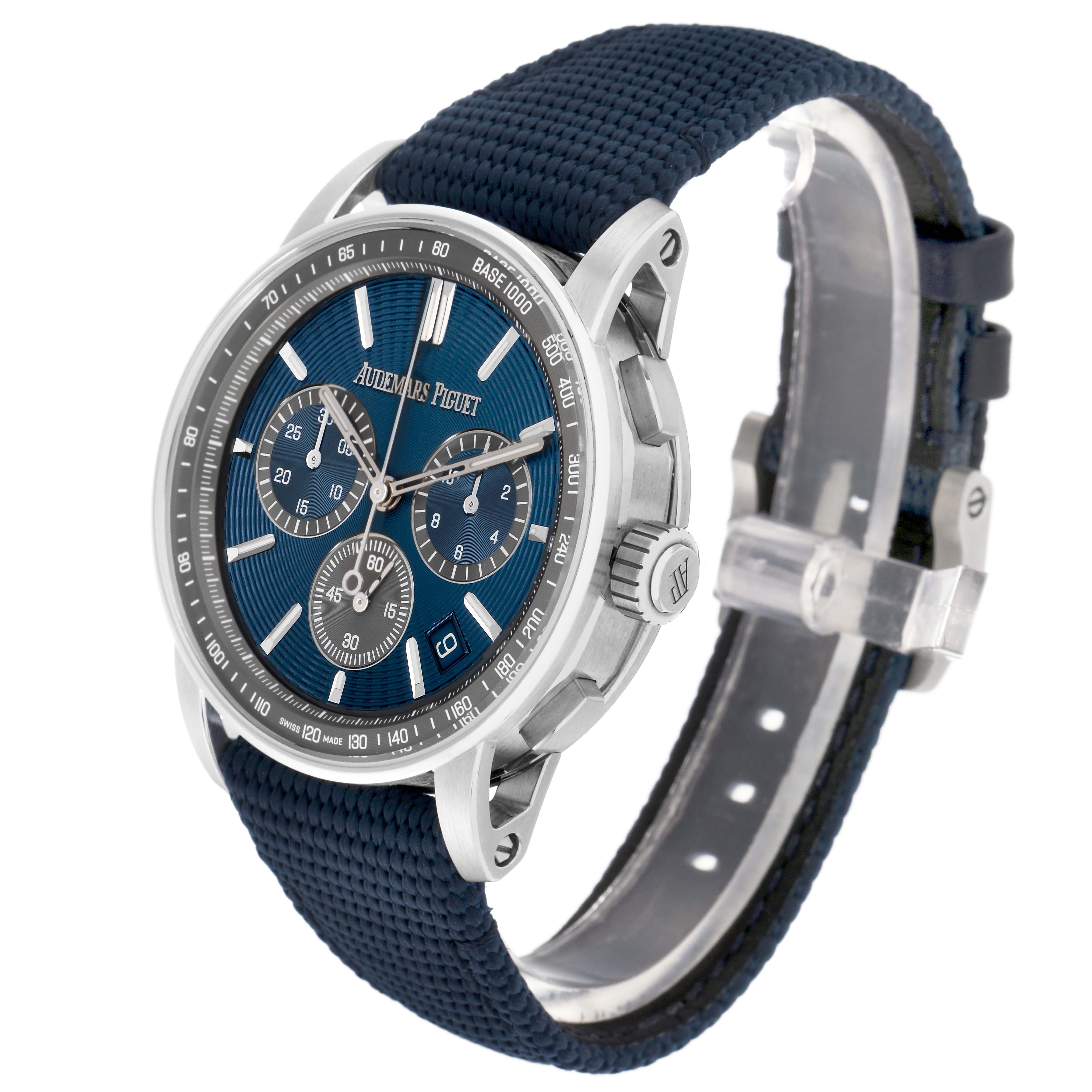 The Audemars Piguet Jules 26393ST.OO.A348KB.01 Men
s Stainless Steel Blue Dial 26393ST.OO.A348KB.01 Men
s Stainless Steel Blue Dial model is shown at a three-quarter angle, highlighting its dial, crown, and textured strap.