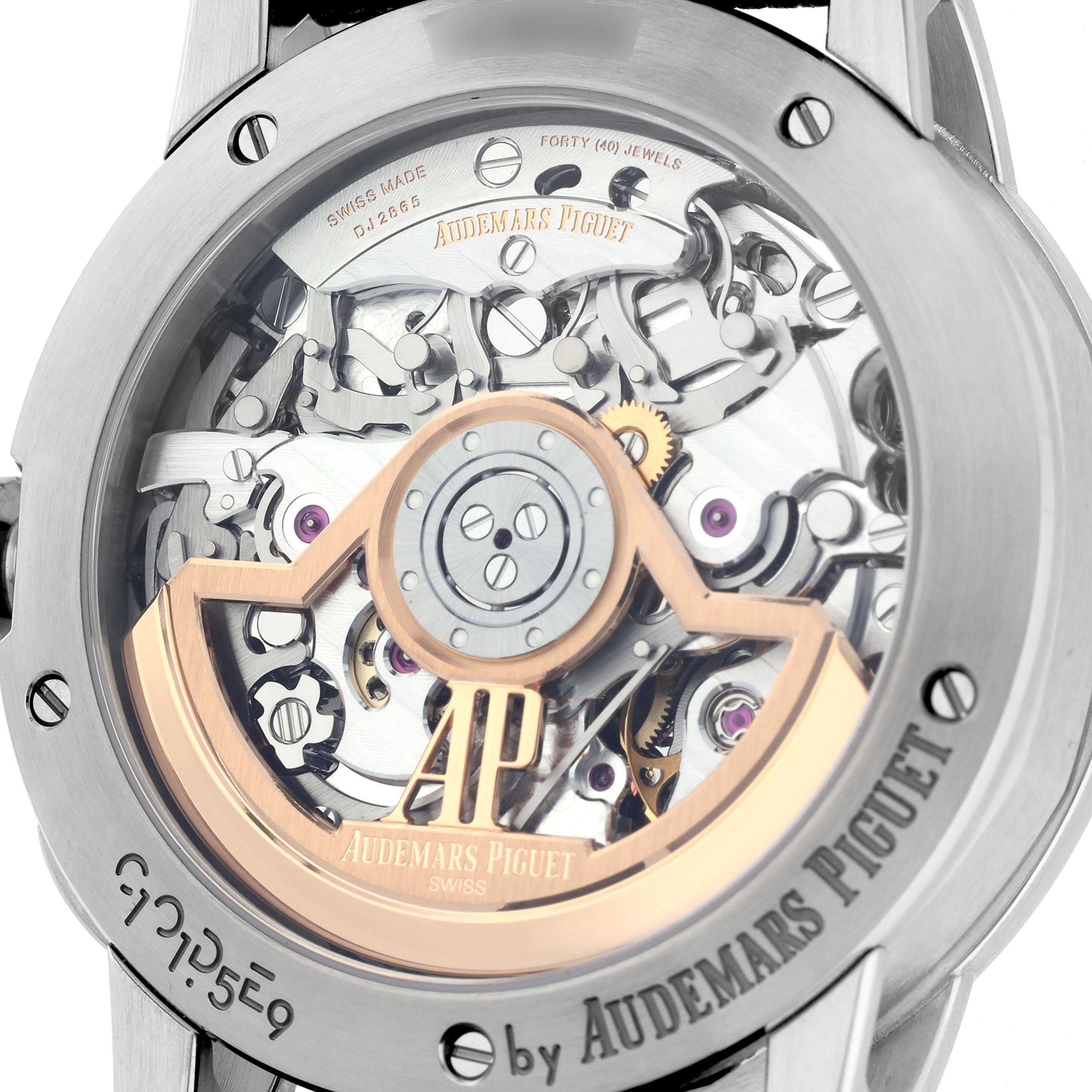 The image shows the back view of an Audemars Piguet Jules 26393ST.OO.A348KB.01 Men
s Stainless Steel Blue Dial 26393ST.OO.A348KB.01 Men
s Stainless Steel Blue Dial watch, highlighting the movement and rotor.