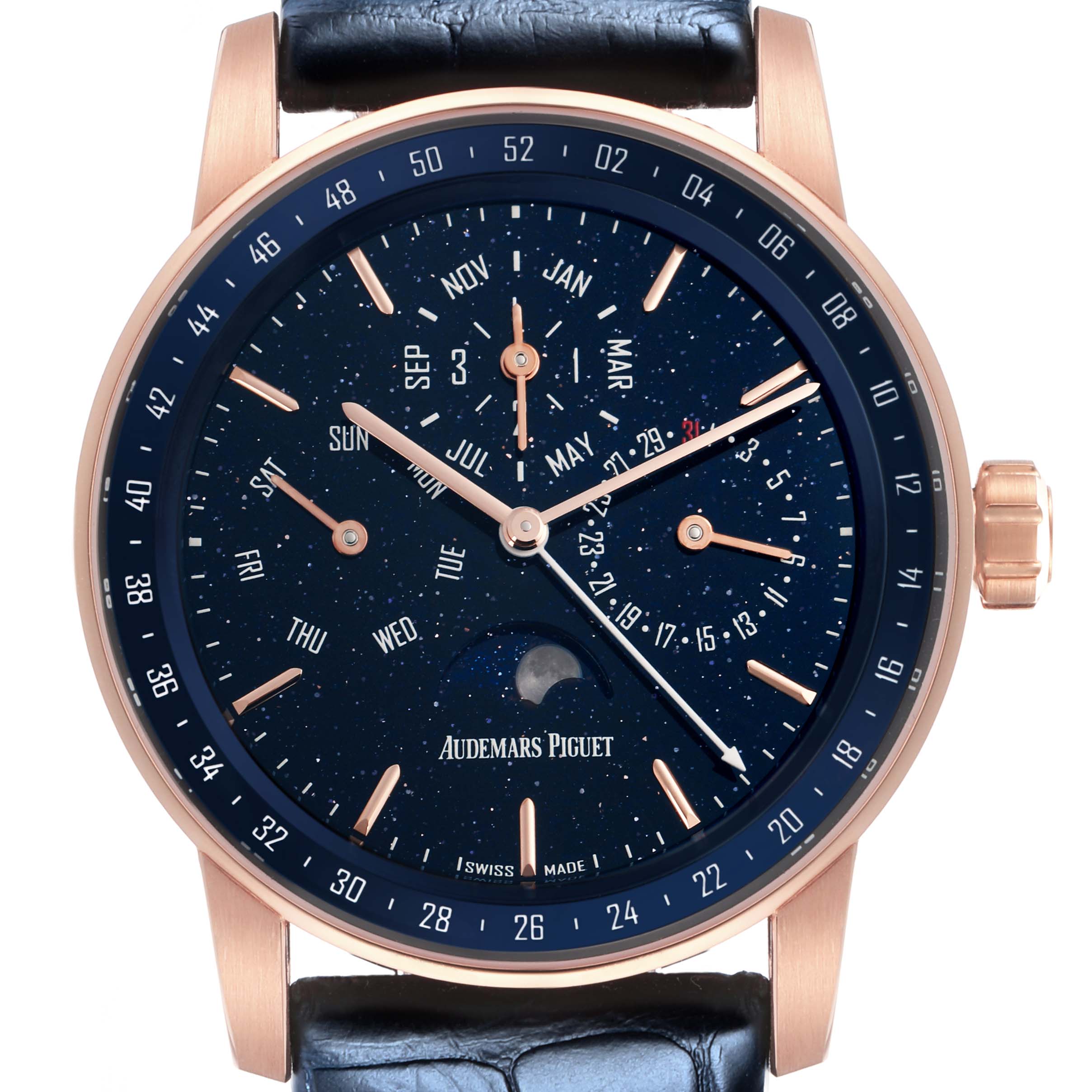 The Audemars Piguet Millenary 26394OR.OO.D027KB.01 Men
s Rose Gold Blue Dial 26394OR.OO.D027KB.01 Men
s Rose Gold Blue Dial watch is shown from the front, highlighting its detailed dial, hands, and casing.