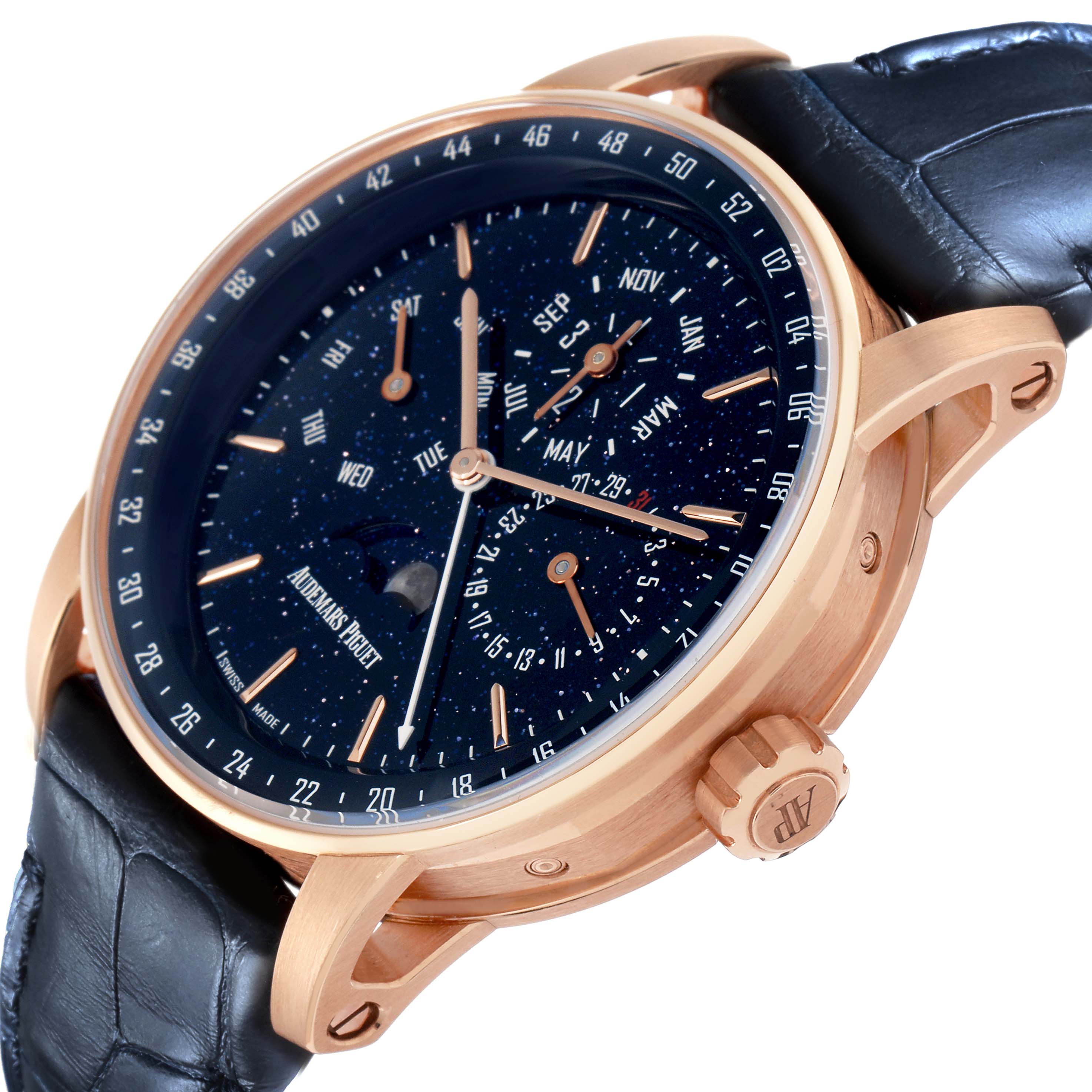 The Audemars Piguet Millenary 26394OR.OO.D027KB.01 Men
s Rose Gold Blue Dial 26394OR.OO.D027KB.01 Men
s Rose Gold Blue Dial watch is shown at an angle displaying the face, crown, and part of the leather strap.
