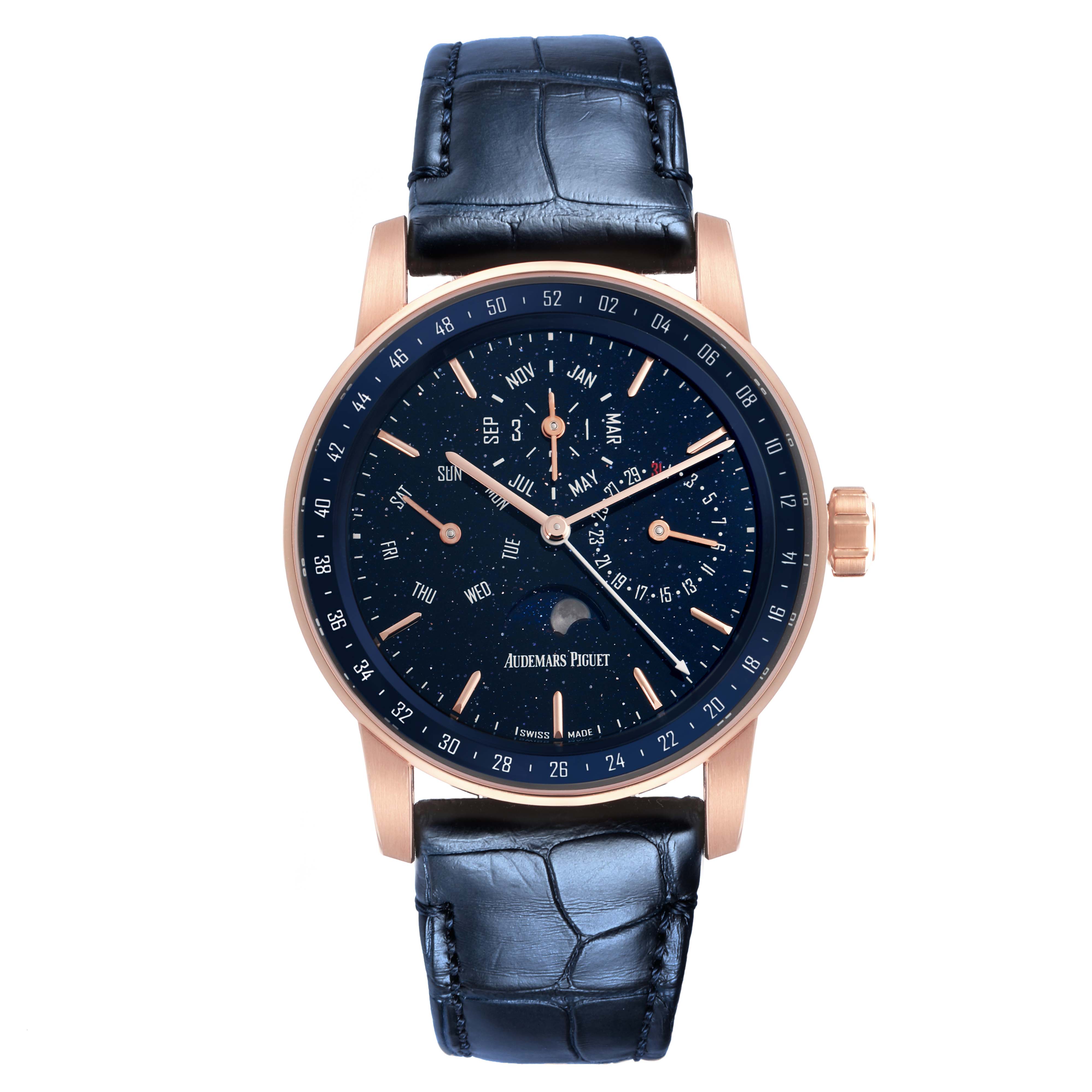 The Audemars Piguet Millenary 26394OR.OO.D027KB.01 Men
s Rose Gold Blue Dial 26394OR.OO.D027KB.01 Men
s Rose Gold Blue Dial watch is shown from a front angle, displaying the full dial, case, and strap.