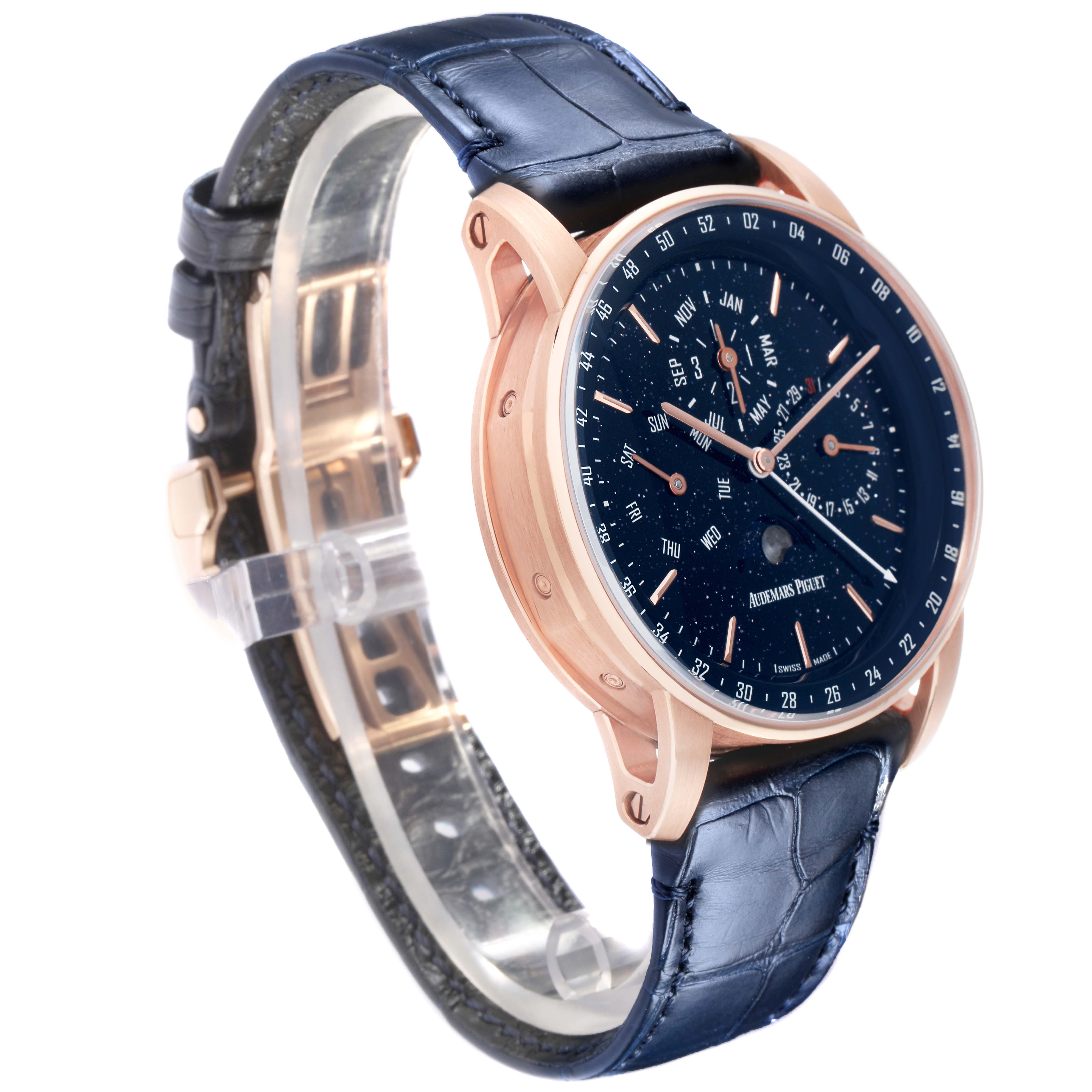 The Audemars Piguet Millenary 26394OR.OO.D027KB.01 Men
s Rose Gold Blue Dial 26394OR.OO.D027KB.01 Men
s Rose Gold Blue Dial watch is shown from an angled side view, highlighting the face, dial, case, and leather strap.