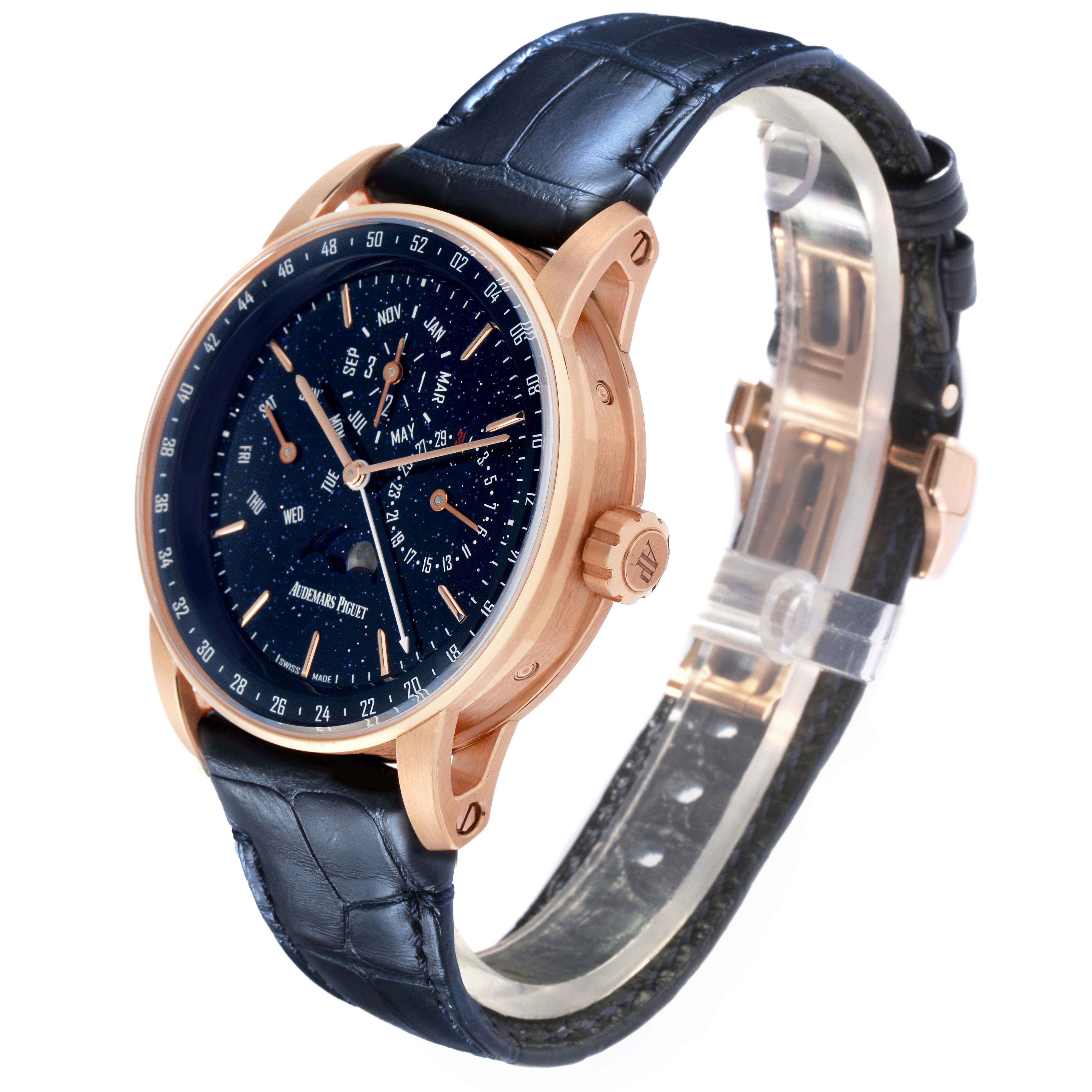 The Audemars Piguet Millenary 26394OR.OO.D027KB.01 Men
s Rose Gold Blue Dial 26394OR.OO.D027KB.01 Men
s Rose Gold Blue Dial watch is shown at a three-quarter angle, displaying the face, case, crown, and leather strap.