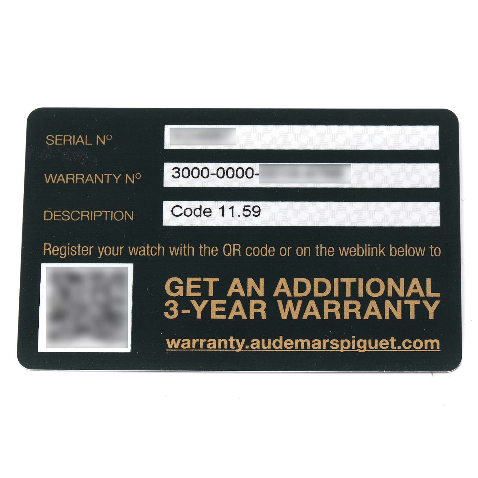 The image shows a warranty card for the Millenary model by Audemars Piguet.