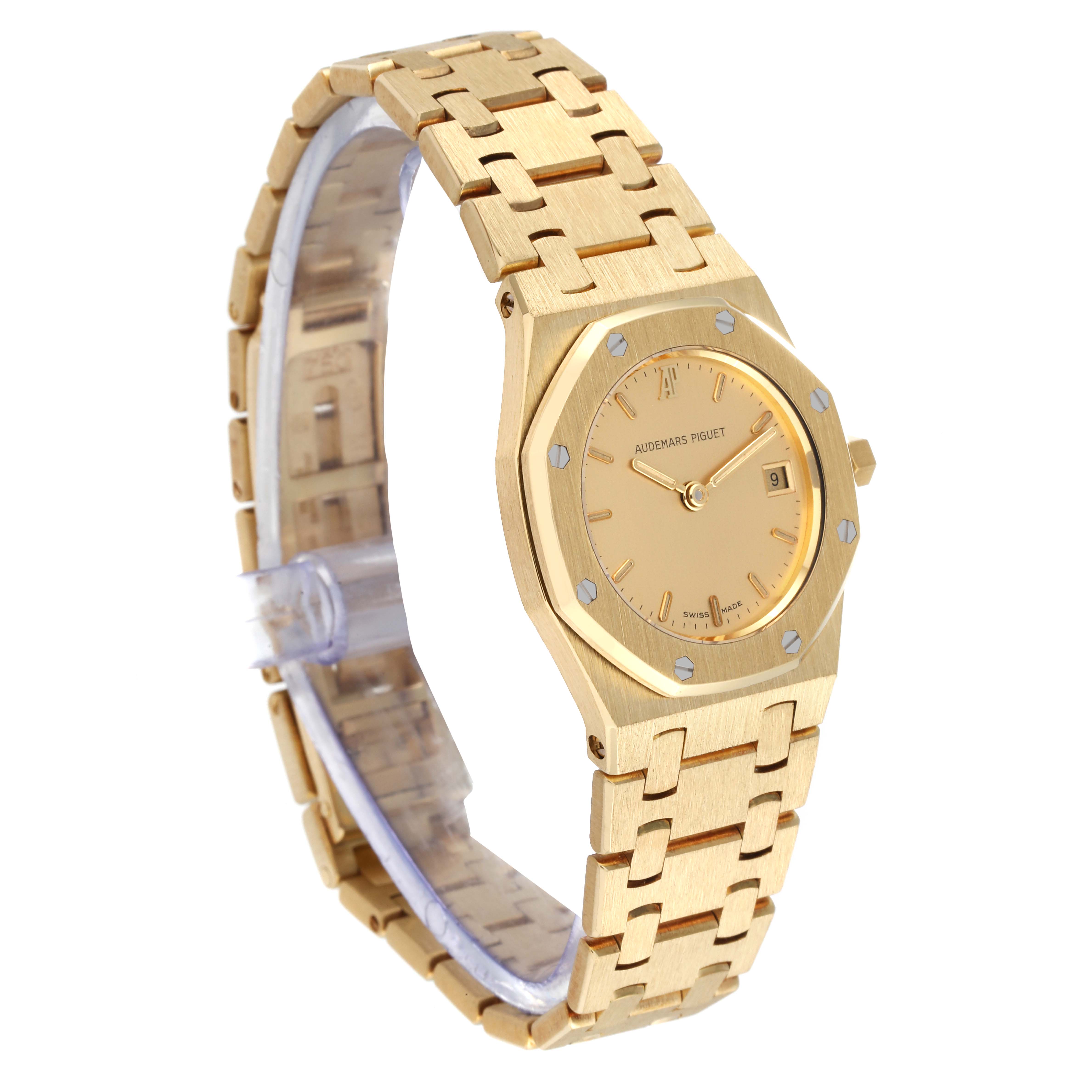 The image shows a Royal Oak model by Audemars Piguet from a three-quarter view, highlighting the watch face and bracelet.