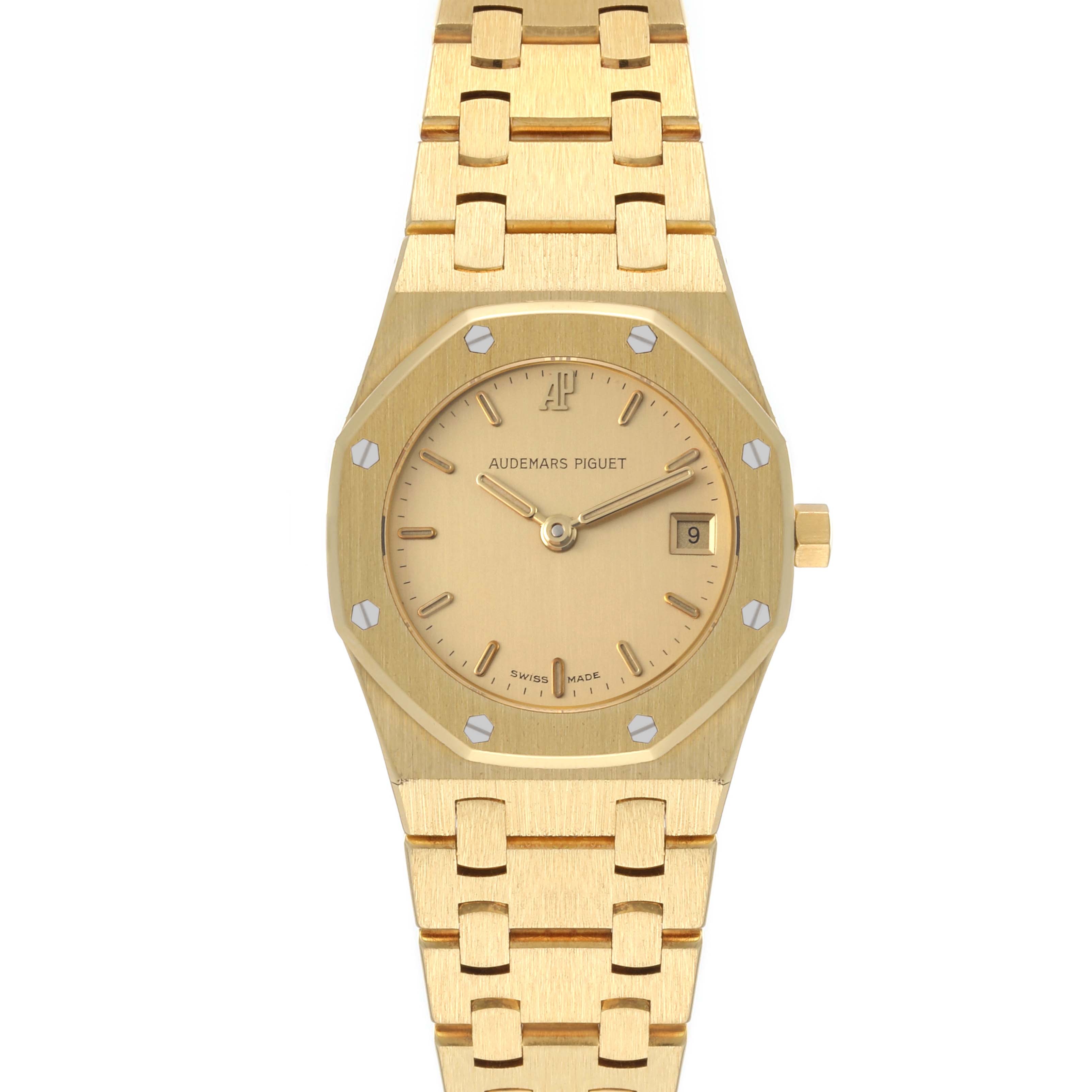 This image shows a front view of an Audemars Piguet Royal Oak 66270BA Women's Yellow Gold Champagne Dial 66270BA Women's Yellow Gold Champagne Dial watch, highlighting its gold-toned face, bezel, and bracelet.