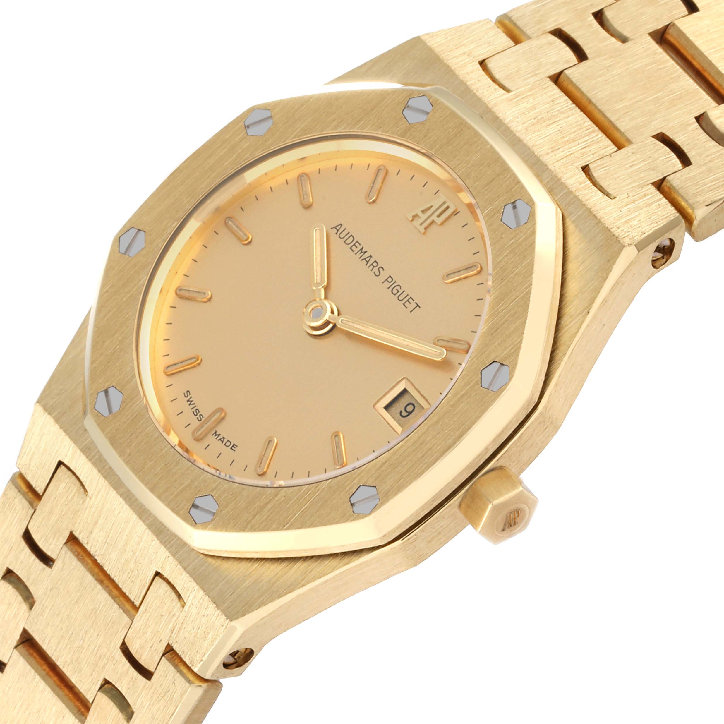 This image shows a close-up of the Audemars Piguet Royal Oak 66270BA Women's Yellow Gold Champagne Dial 66270BA Women's Yellow Gold Champagne Dial watch, displaying its face, bezel, bracelet, and crown.
