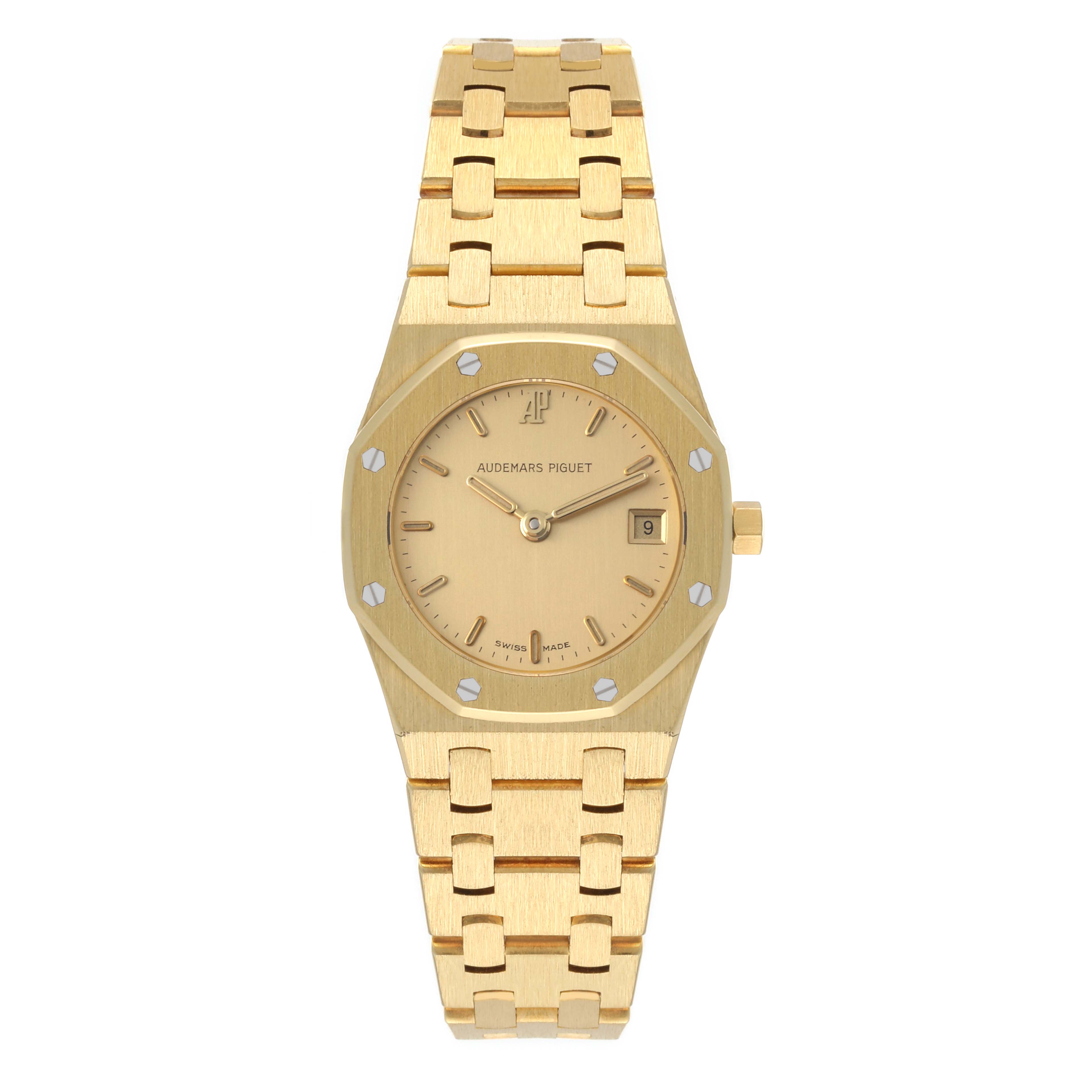 The image shows a front view of the Audemars Piguet Royal Oak 66270BA Women's Yellow Gold Champagne Dial 66270BA Women's Yellow Gold Champagne Dial, displaying the dial, bezel, and bracelet.