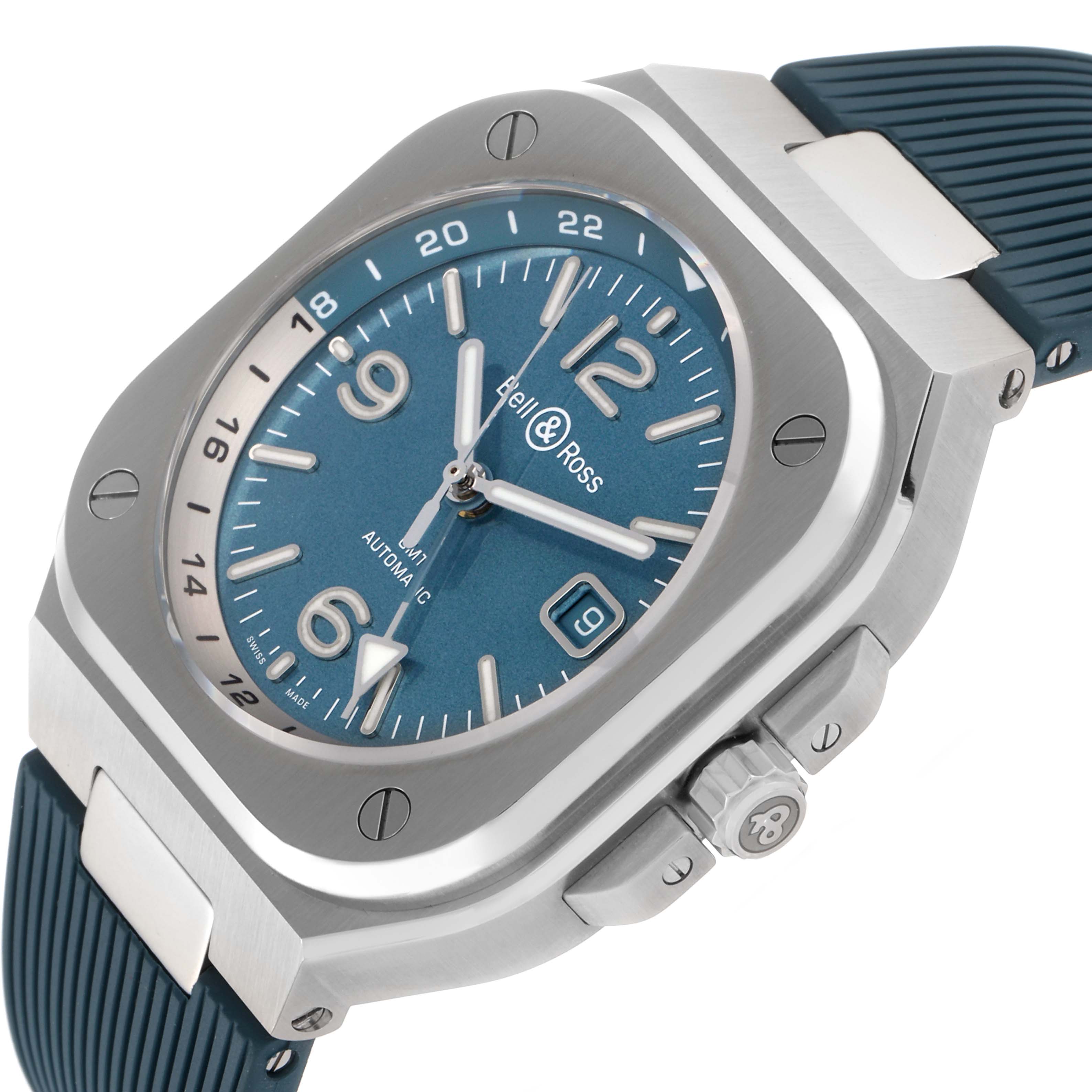 The Bell 
Ross Instruments BR05G-PB-ST/SRB Men
s Stainless Steel Blue Dial BR05G-PB-ST/SRB Men
s Stainless Steel Blue Dial watch is shown at a slight angle, highlighting the blue dial, case, crown, and part of the strap.