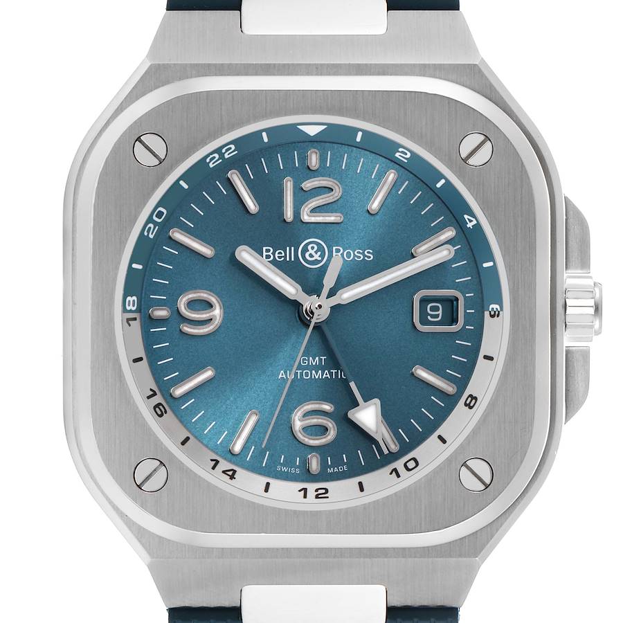 The image shows a Bell & Ross Instruments watch from a front angle, highlighting the dial, date window, and crown.