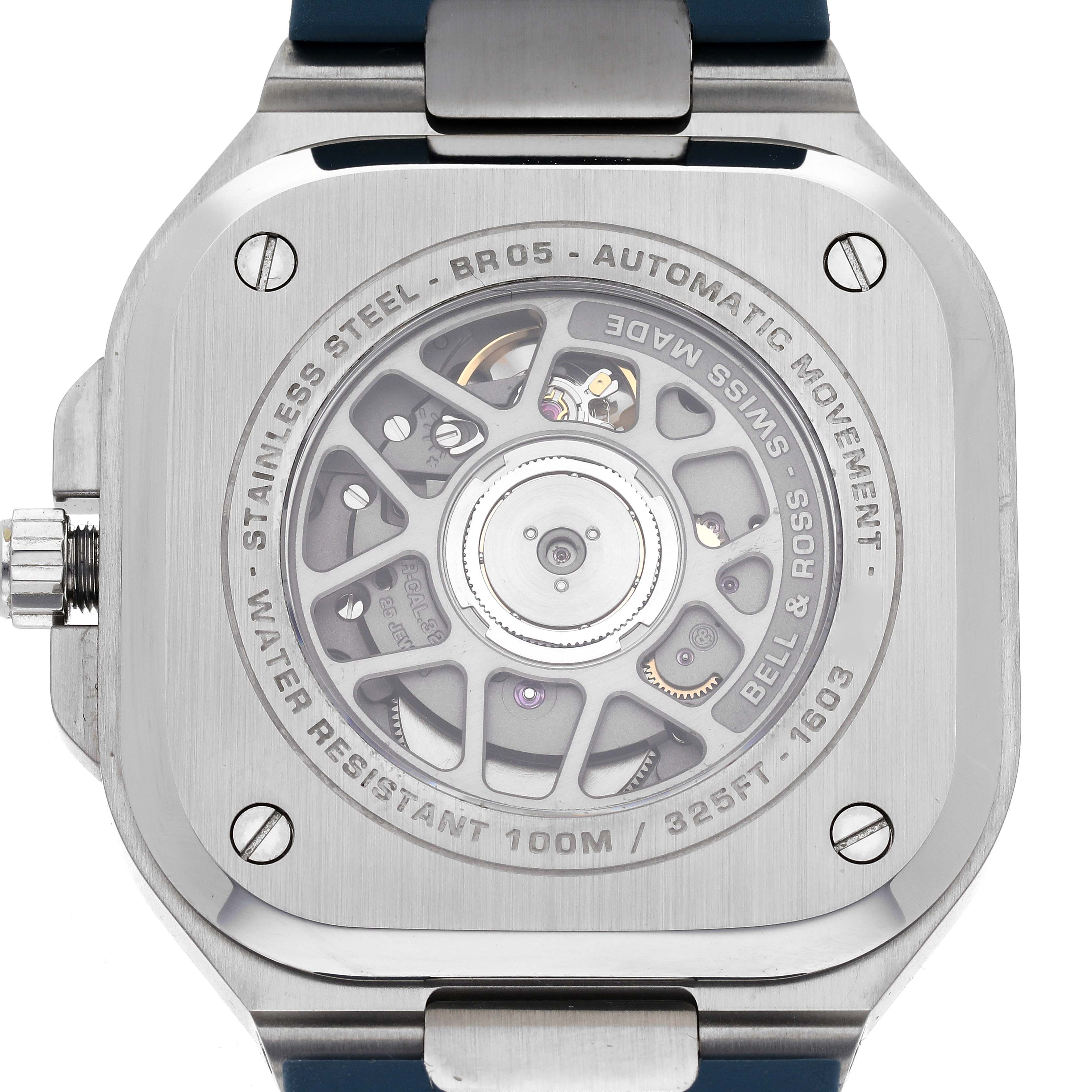 The image shows the back of the Bell 
Ross BR05 Instruments model, highlighting its automatic movement and stainless steel case.
