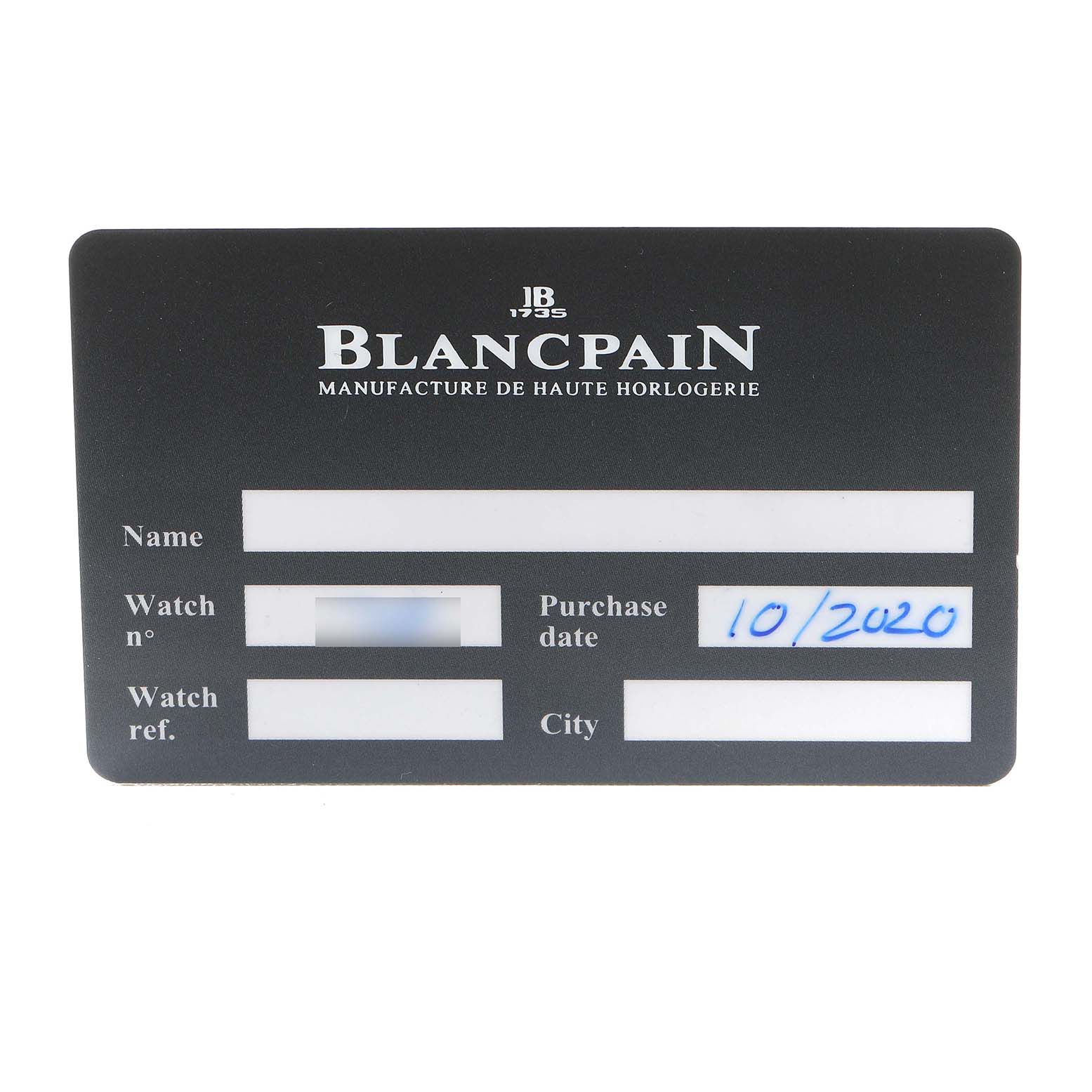 The image shows a warranty card for the Blancpain Fifty Fathoms 5015D-1140-52B Men's Stainless Steel Blue Dial watch, displaying brand details and purchase information sections.