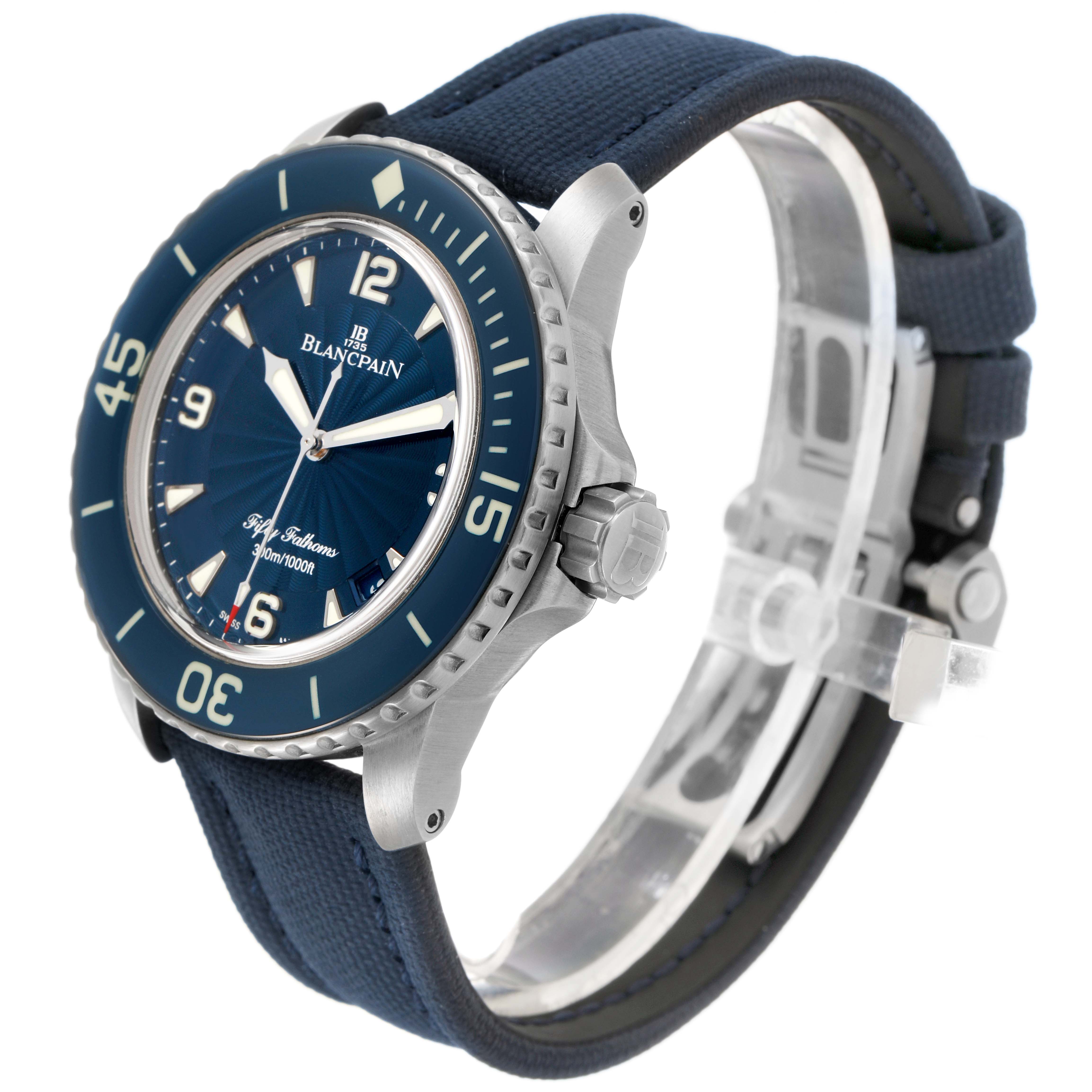 The Blancpain Fifty Fathoms 5015D-1140-52B Men's Stainless Steel Blue Dial watch is shown at a three-quarter angle, revealing the dial, bezel, crown, and strap.