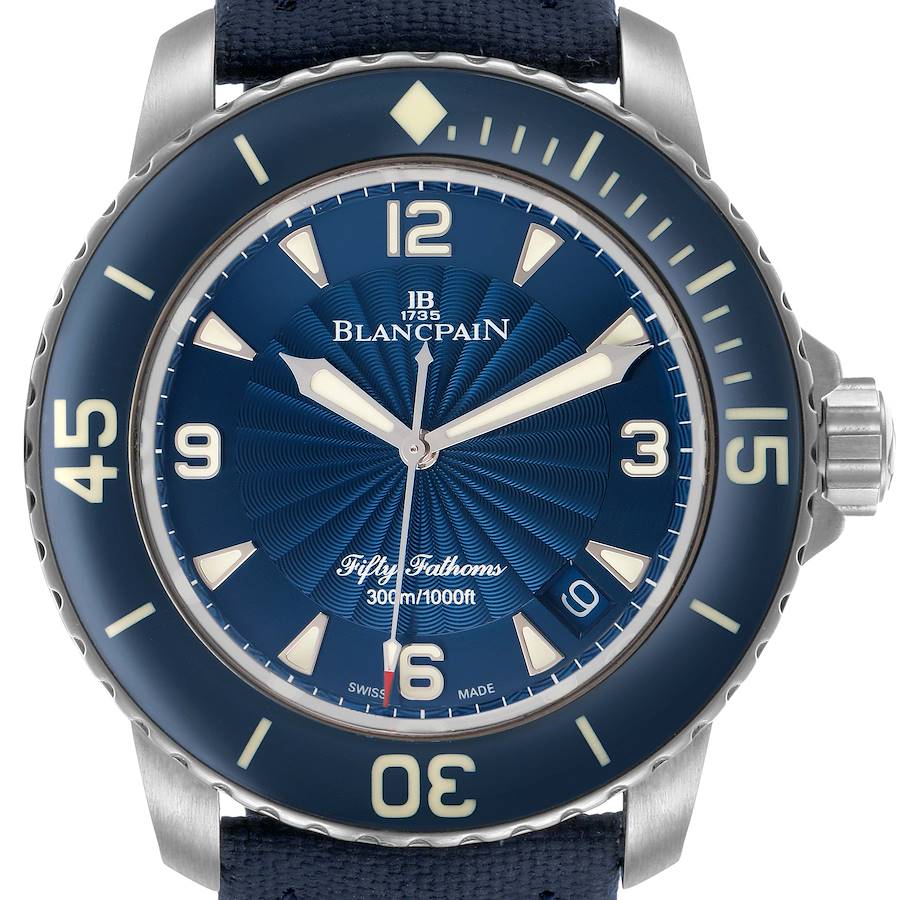 The image shows a front view of the Blancpain Fifty Fathoms 5015D-1140-52B Men's Stainless Steel Blue Dial watch, highlighting the dial, bezel, and lugs.