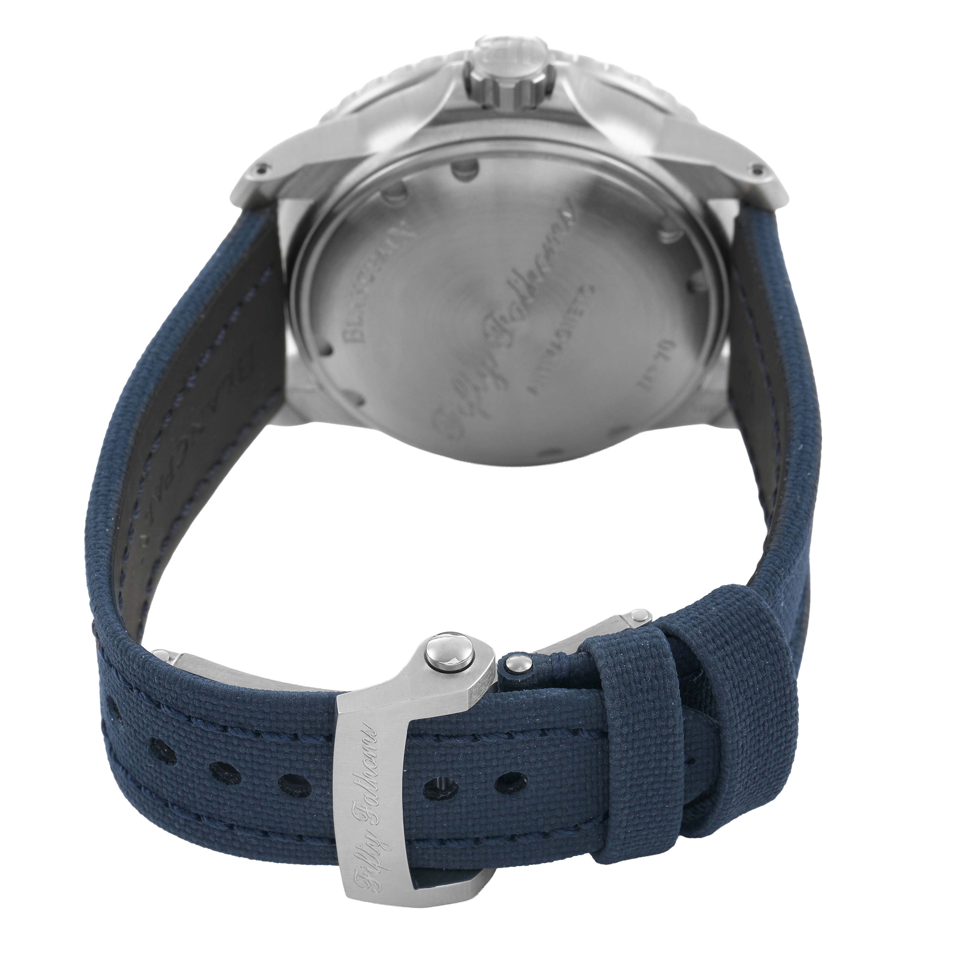 The image shows the back and clasp of a Blancpain Fifty Fathoms 5015D-1140-52B Men's Stainless Steel Blue Dial watch, highlighting its strap and engraved case back.