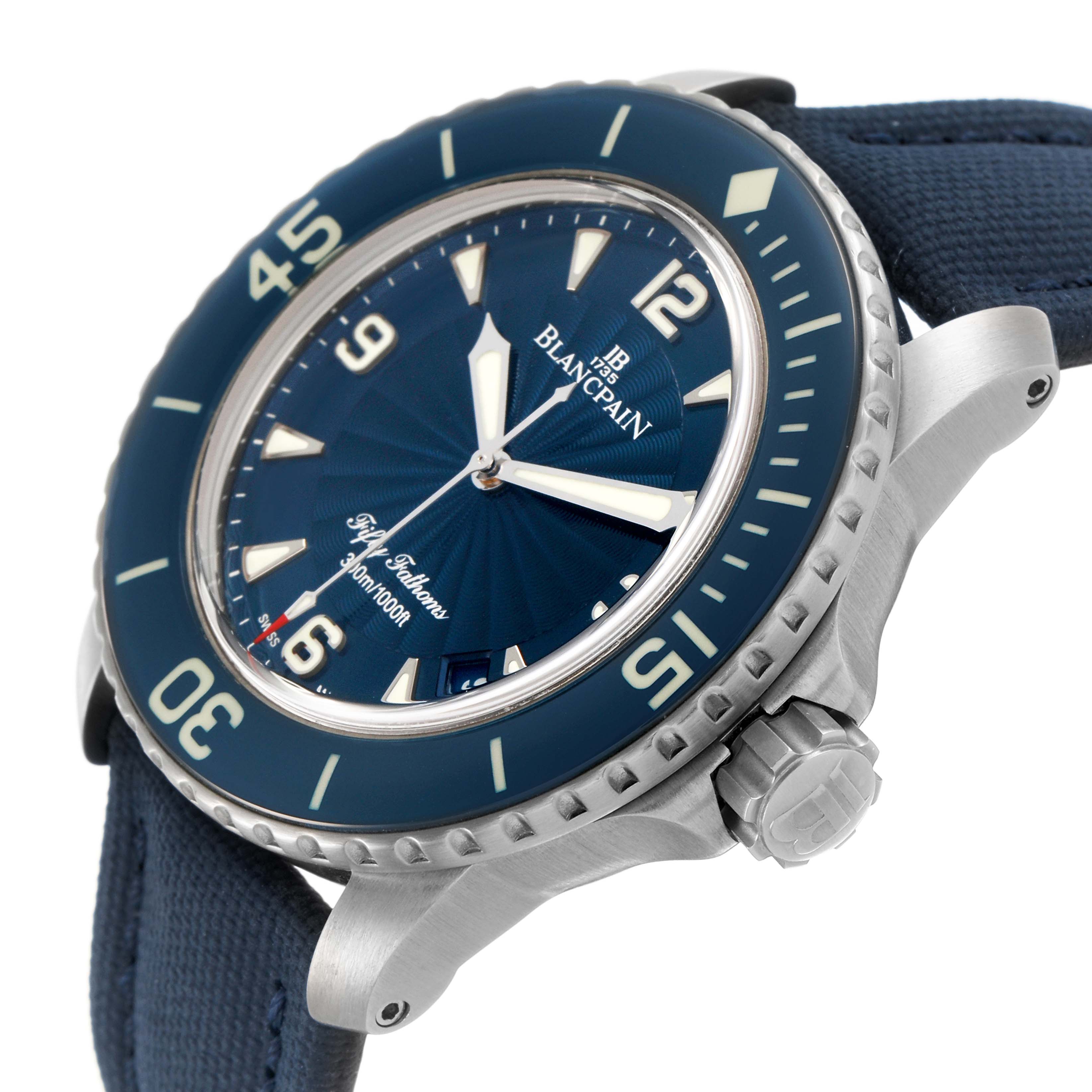 The Blancpain Fifty Fathoms 5015D-1140-52B Men's Stainless Steel Blue Dial watch is shown at an angle displaying the face, bezel, crown, and part of the strap.