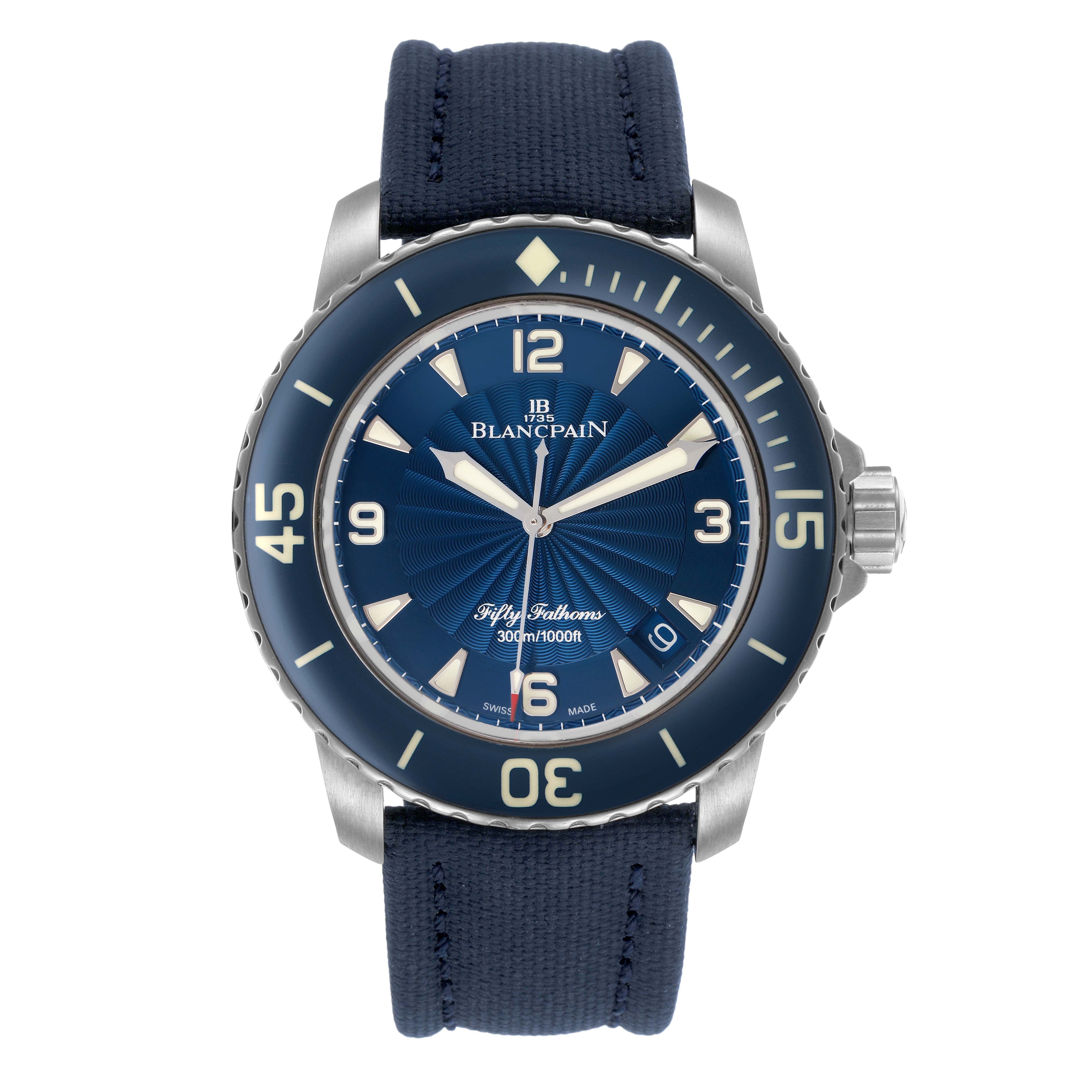 The Blancpain Fifty Fathoms 5015D-1140-52B Men's Stainless Steel Blue Dial watch is shown from the front, displaying the dial, bezel, and strap clearly.