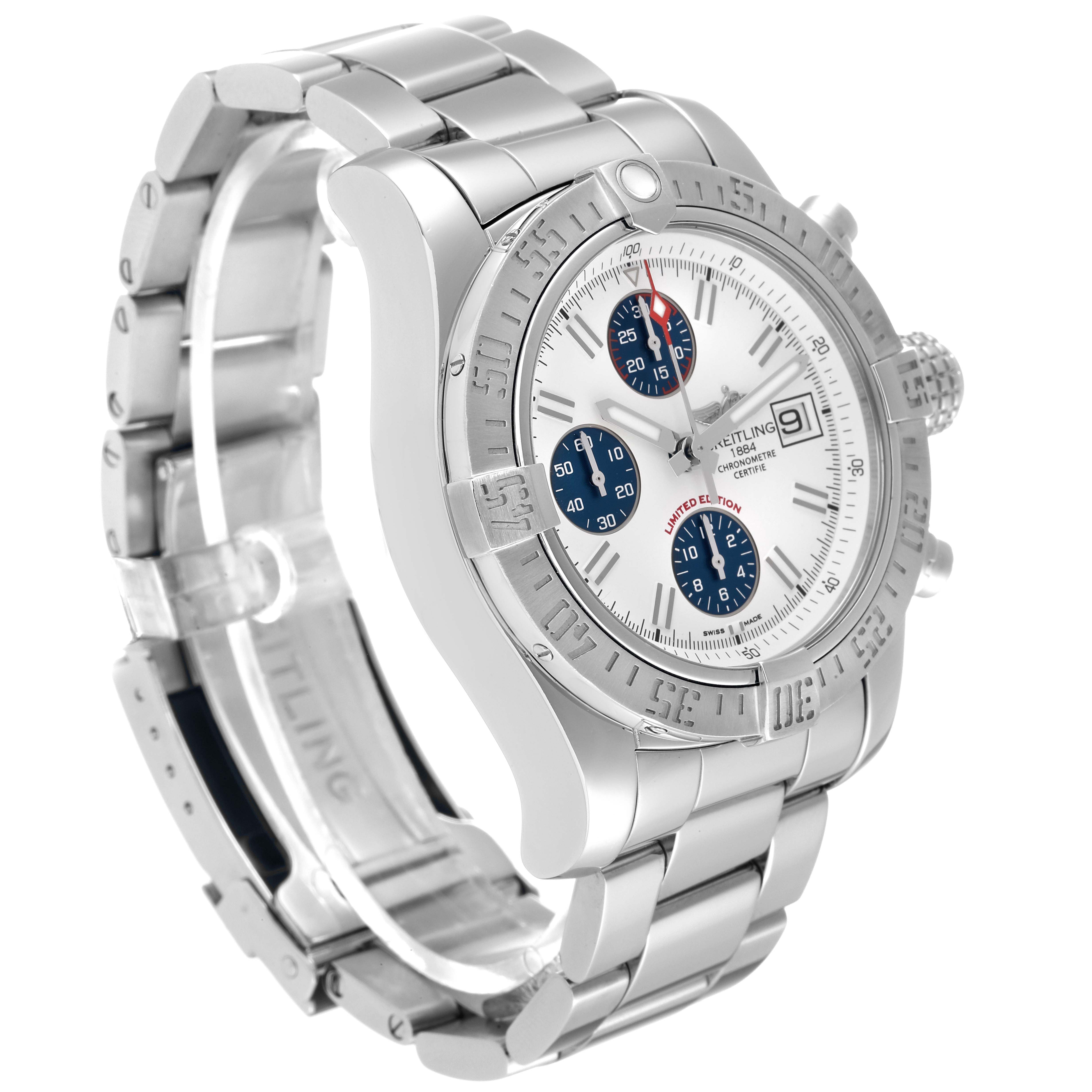 The Breitling Avenger A13381 Men's Stainless Steel White Dial A13381 Men's Stainless Steel White Dial watch is shown at a three-quarter angle, displaying the bracelet, bezel, dial, and chronograph sub-dials.