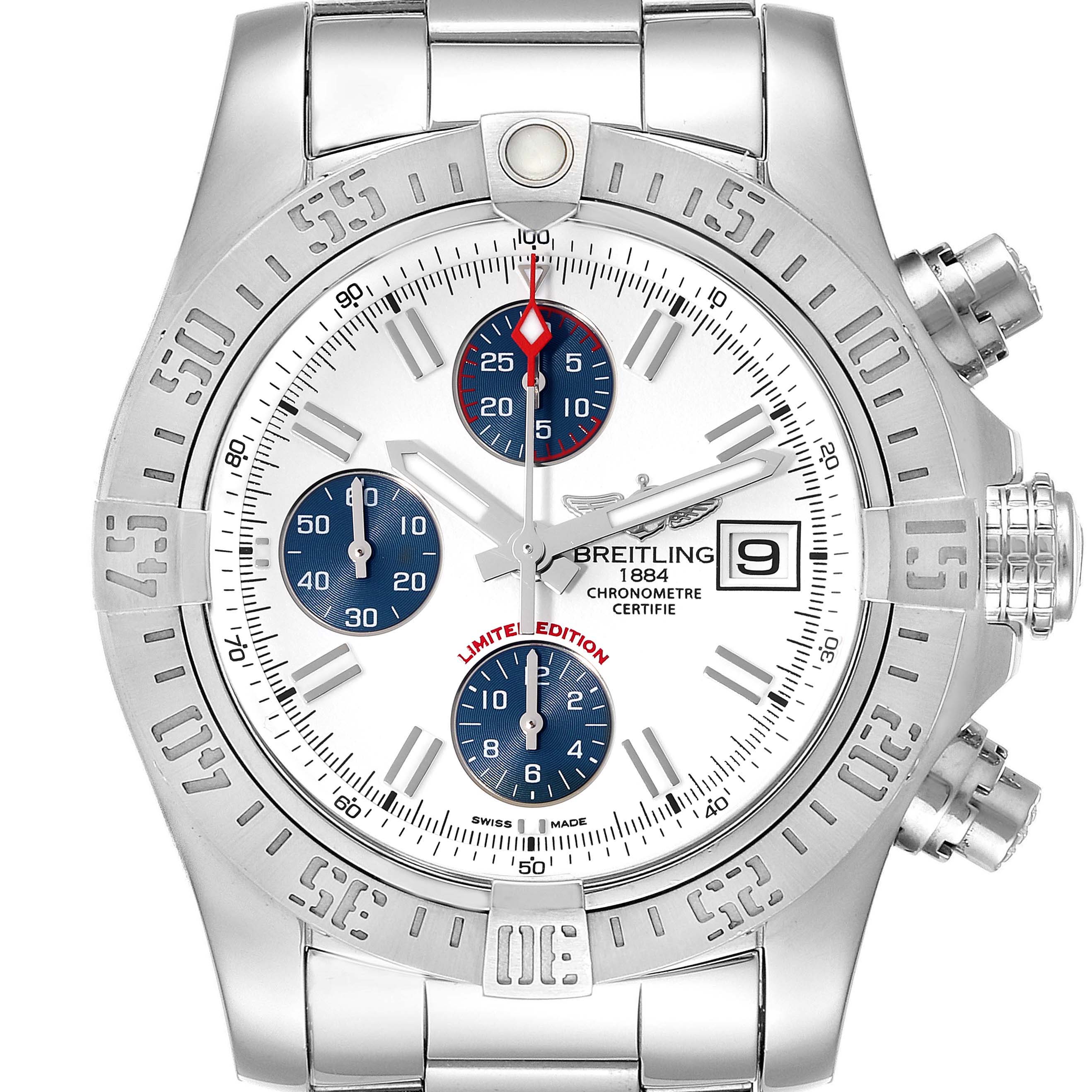 This image shows a front view of the Breitling Avenger A13381 Men's Stainless Steel White Dial A13381 Men's Stainless Steel White Dial watch, featuring a silver bezel, white dial, and multiple subdials.