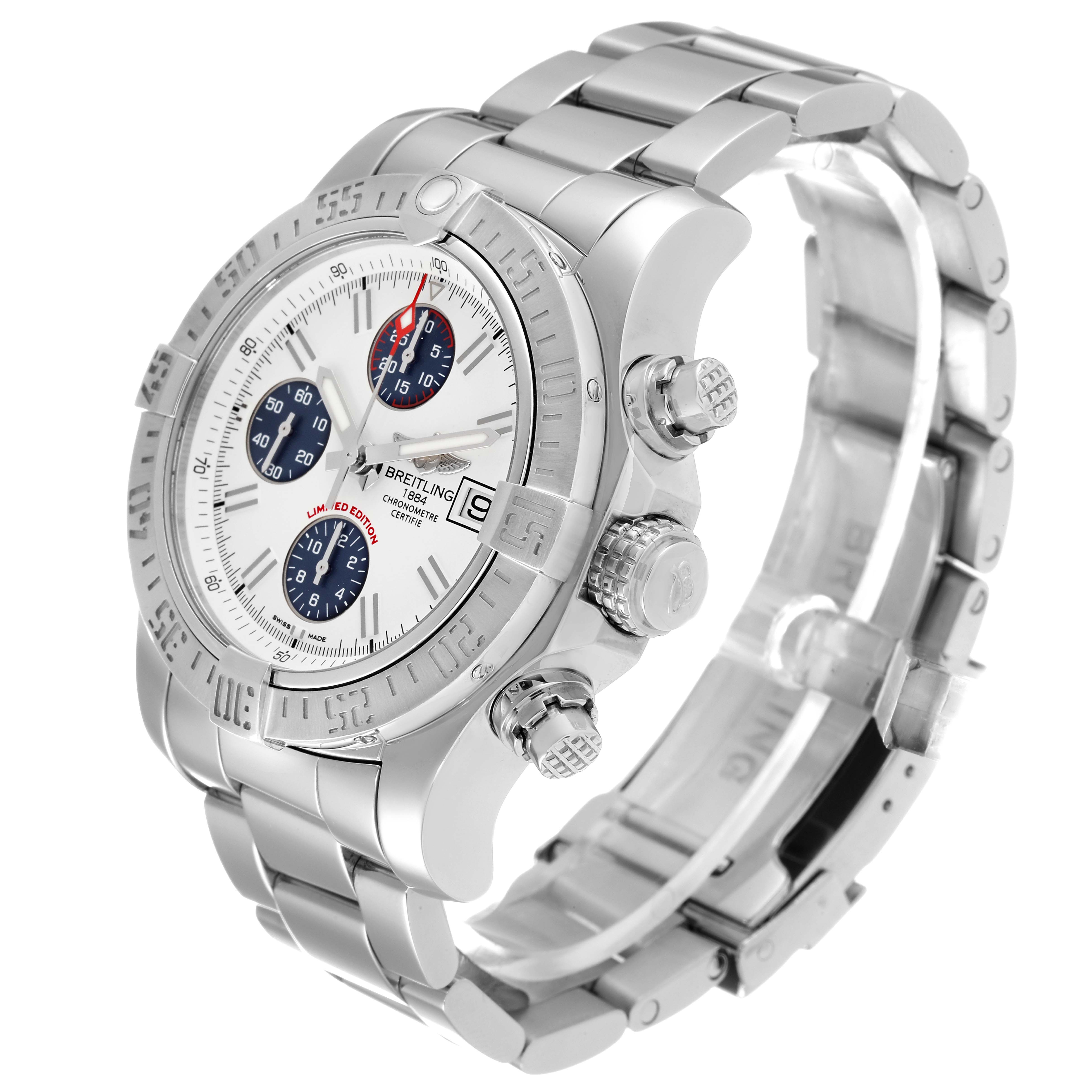The image shows a side angle view of the Breitling Avenger A13381 Men's Stainless Steel White Dial A13381 Men's Stainless Steel White Dial watch, highlighting its dial, bezel, crown, pushers, and bracelet.