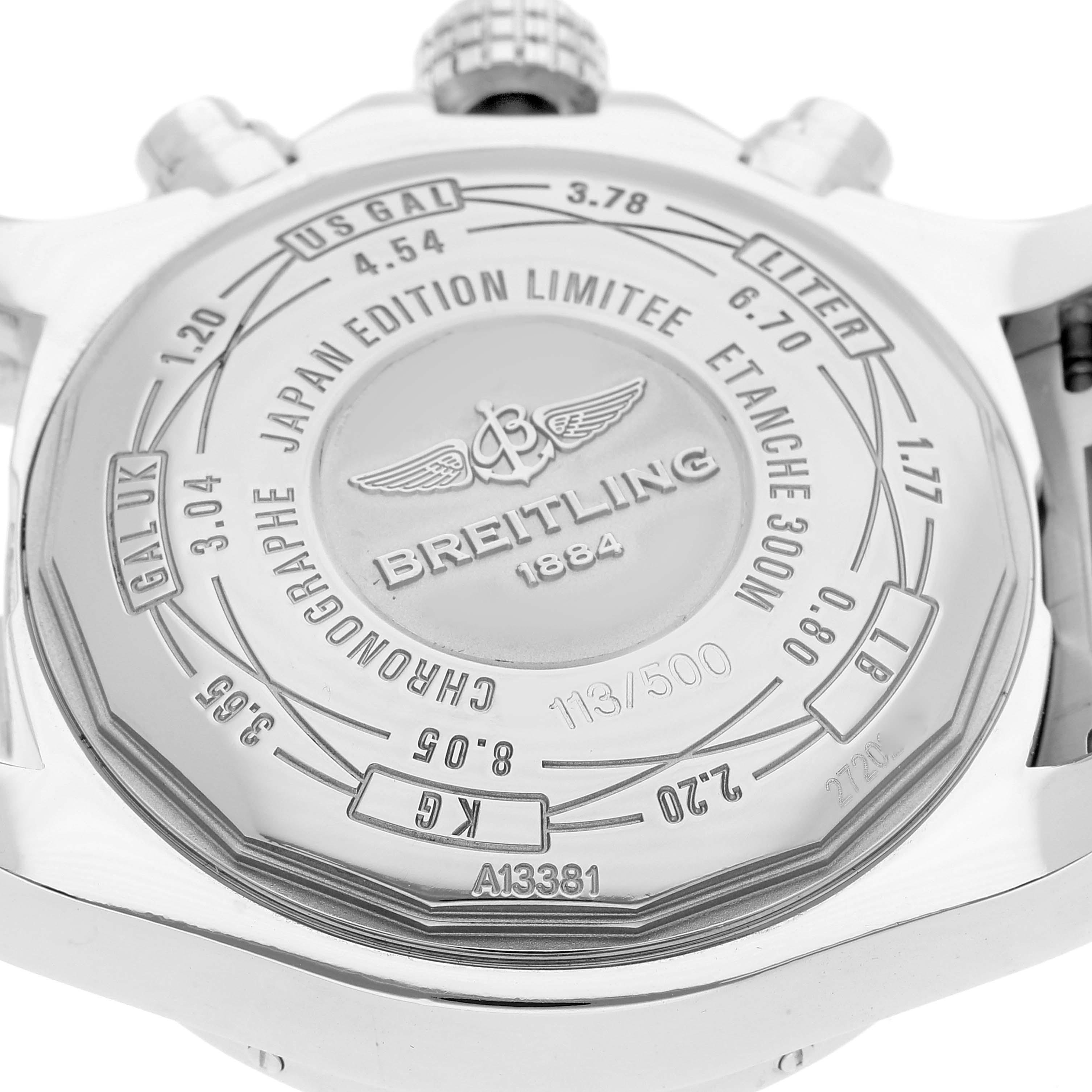 The image shows the back of a Breitling Avenger A13381 Men's Stainless Steel White Dial A13381 Men's Stainless Steel White Dial watch, highlighting its engravings and limited edition number.