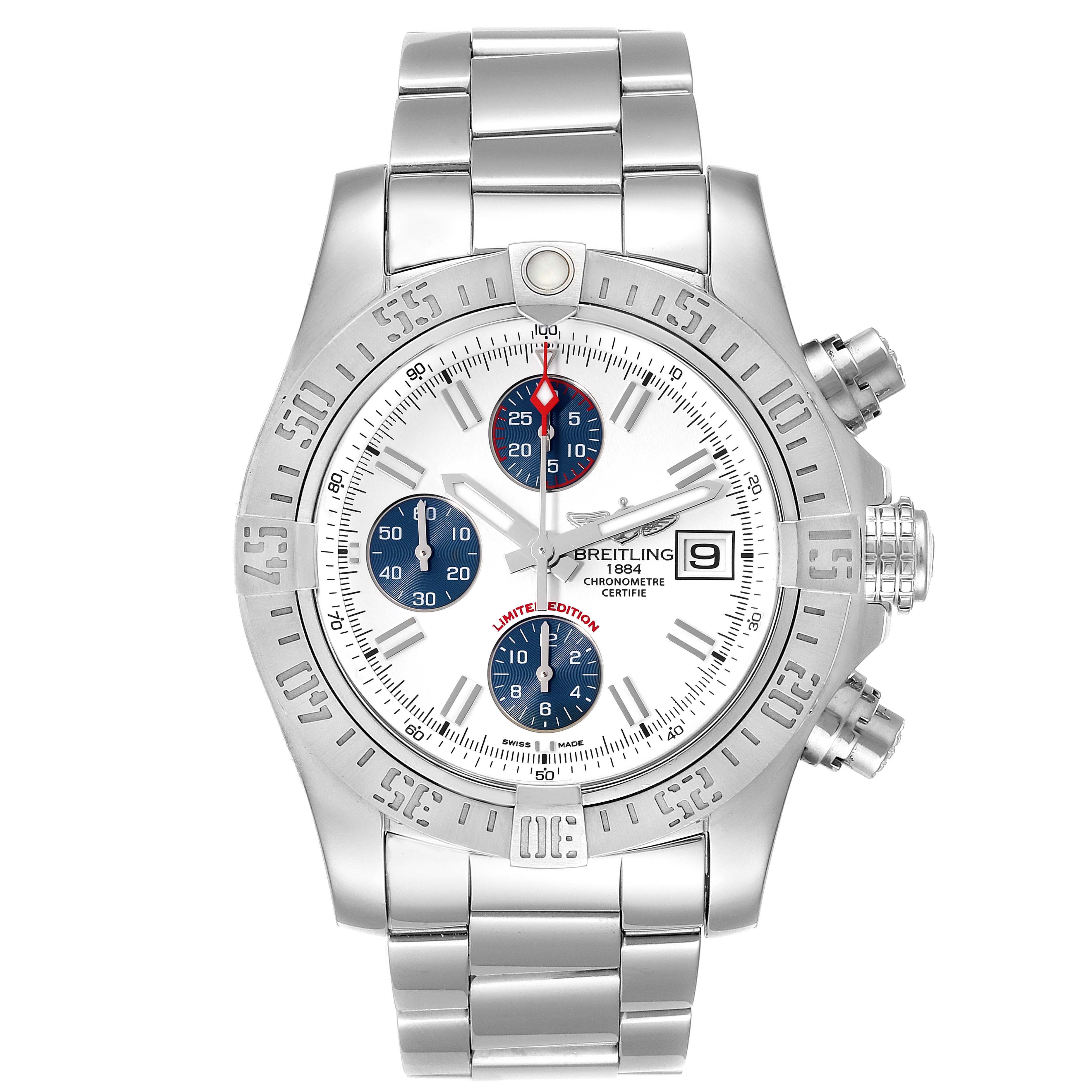 The image shows a frontal view of the Breitling Avenger A13381 Men's Stainless Steel White Dial A13381 Men's Stainless Steel White Dial watch, highlighting the face, bezel, and stainless steel bracelet.