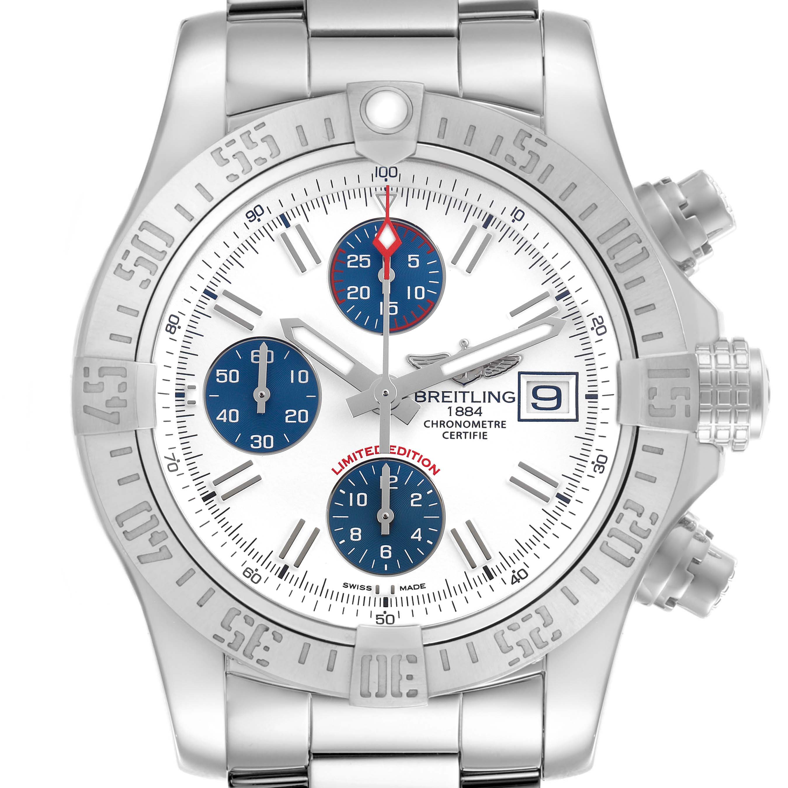 The Breitling Avenger A13381 Men
s Stainless Steel White Dial A13381 Men
s Stainless Steel White Dial watch is shown from a front angle, displaying the face, chronograph dials, bezel, and crown.