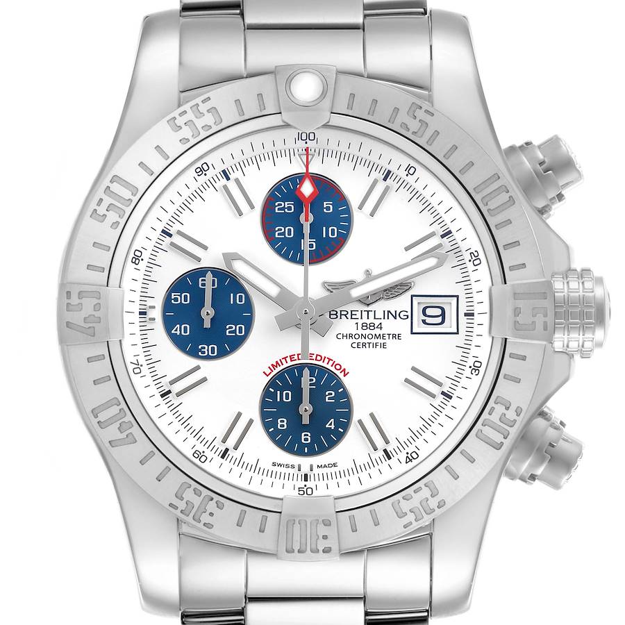 The Breitling Avenger watch is shown from a front angle, displaying the face, chronograph dials, bezel, and crown.