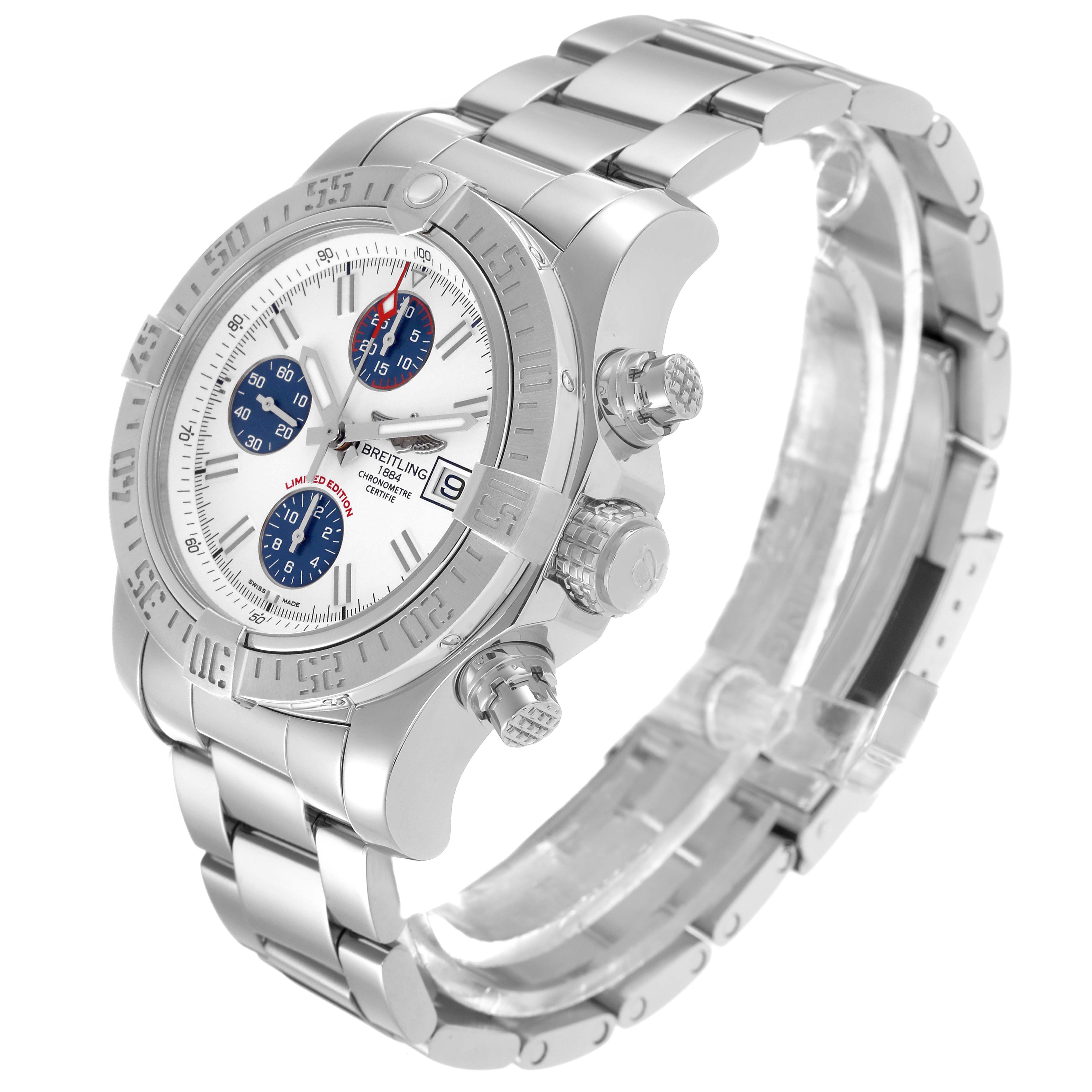 The Breitling Avenger A13381 Men
s Stainless Steel White Dial A13381 Men
s Stainless Steel White Dial watch is shown at an angled side view, highlighting the face, bezel, and bracelet.