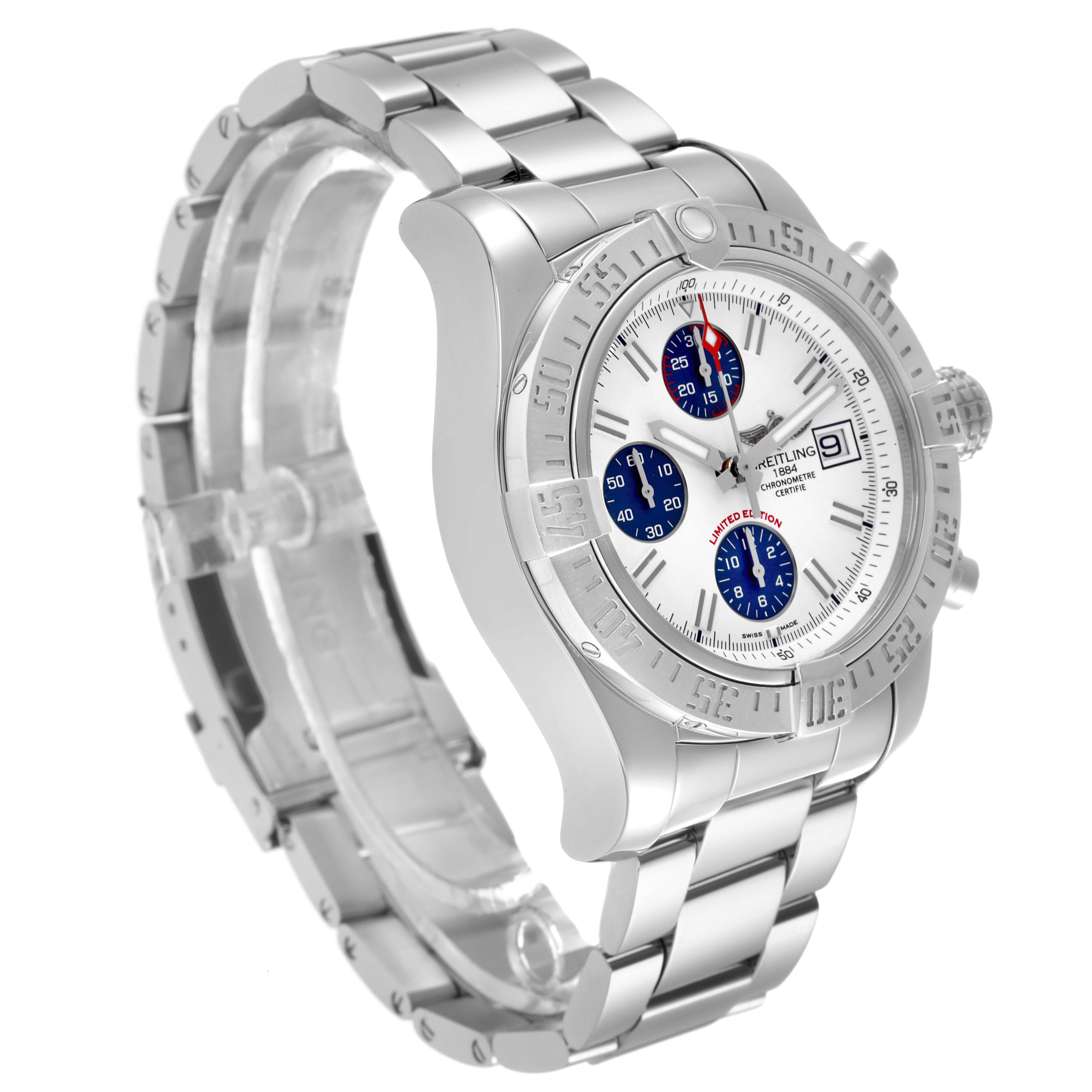 The Breitling Avenger A13381 Men
s Stainless Steel White Dial A13381 Men
s Stainless Steel White Dial watch is shown at an angled view highlighting its dial, bezel, and metal bracelet.