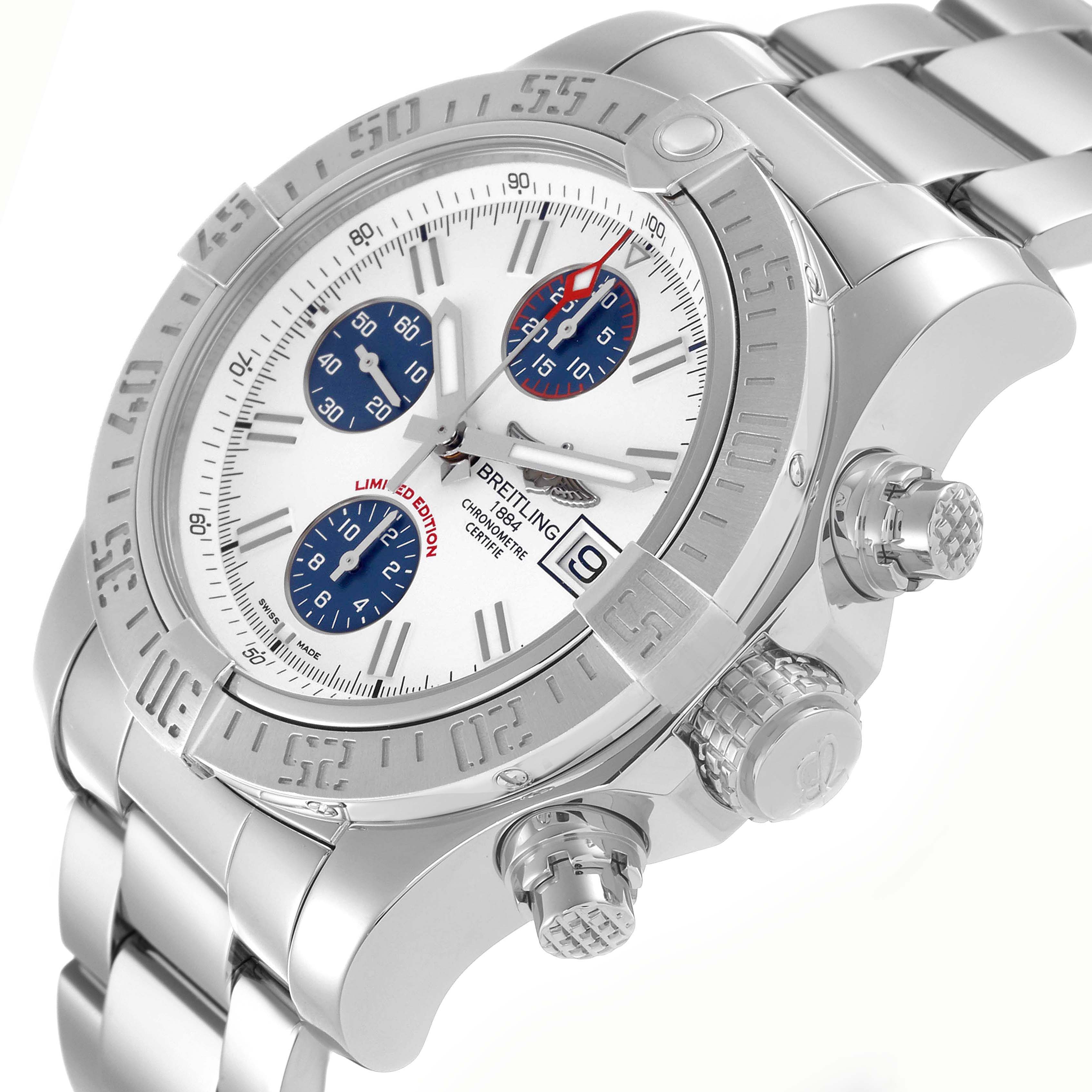 The Breitling Avenger A13381 Men
s Stainless Steel White Dial A13381 Men
s Stainless Steel White Dial watch is shown at an angled side view, highlighting its bezel, dial, sub-dials, crown, and bracelet.