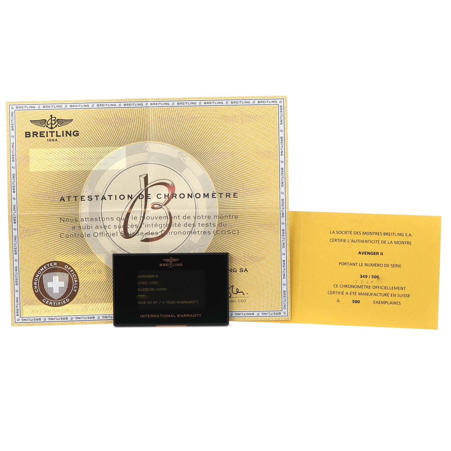 The image shows a Breitling Avenger A13381 Men
s Stainless Steel White Dial A13381 Men
s Stainless Steel White Dial certificate set with an international warranty card, Best Quality
ity certificate, and chronometer attestation.