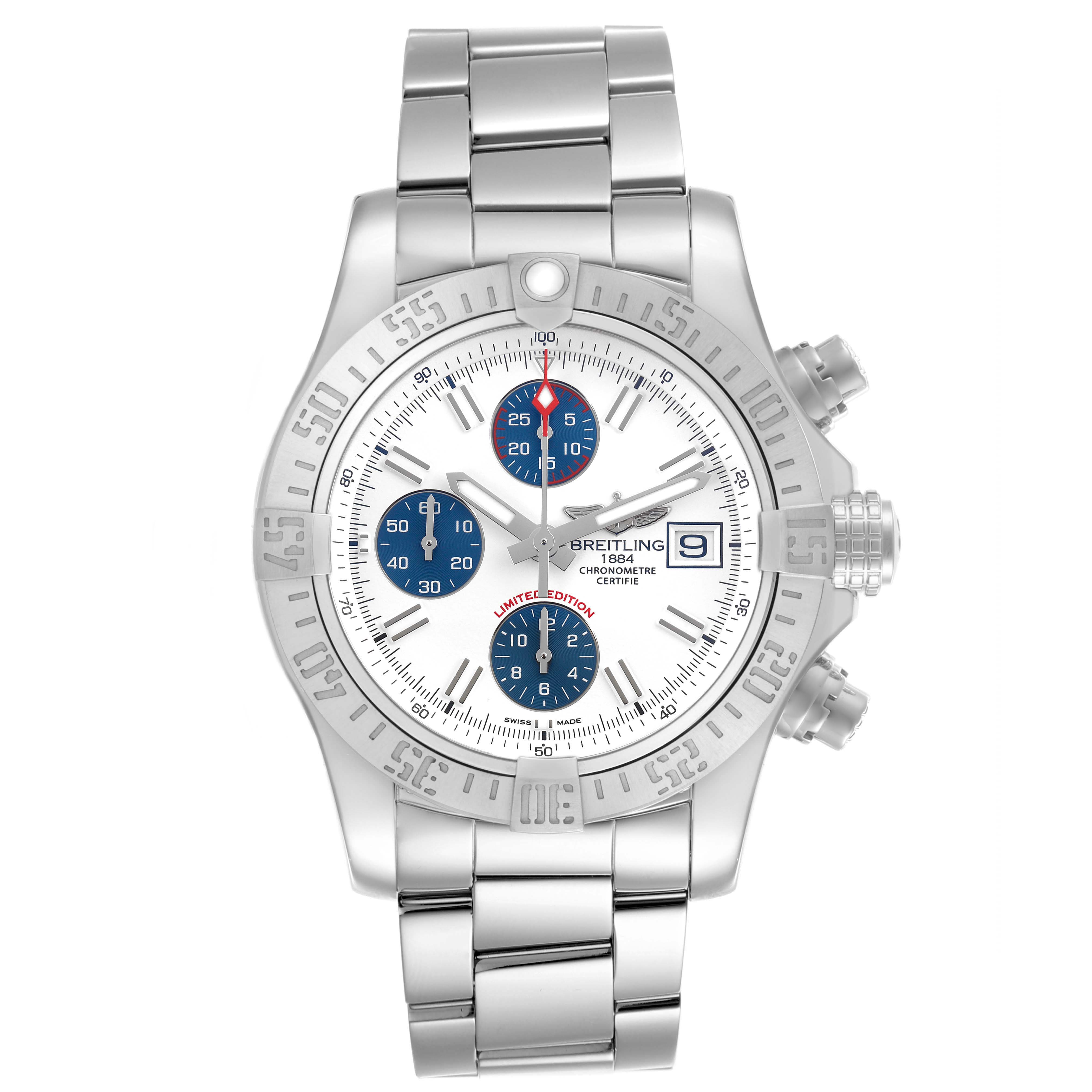 The Breitling Avenger A13381 Men
s Stainless Steel White Dial A13381 Men
s Stainless Steel White Dial watch is shown from the front, displaying its dial, bezel, chronograph sub-dials, and metal bracelet.