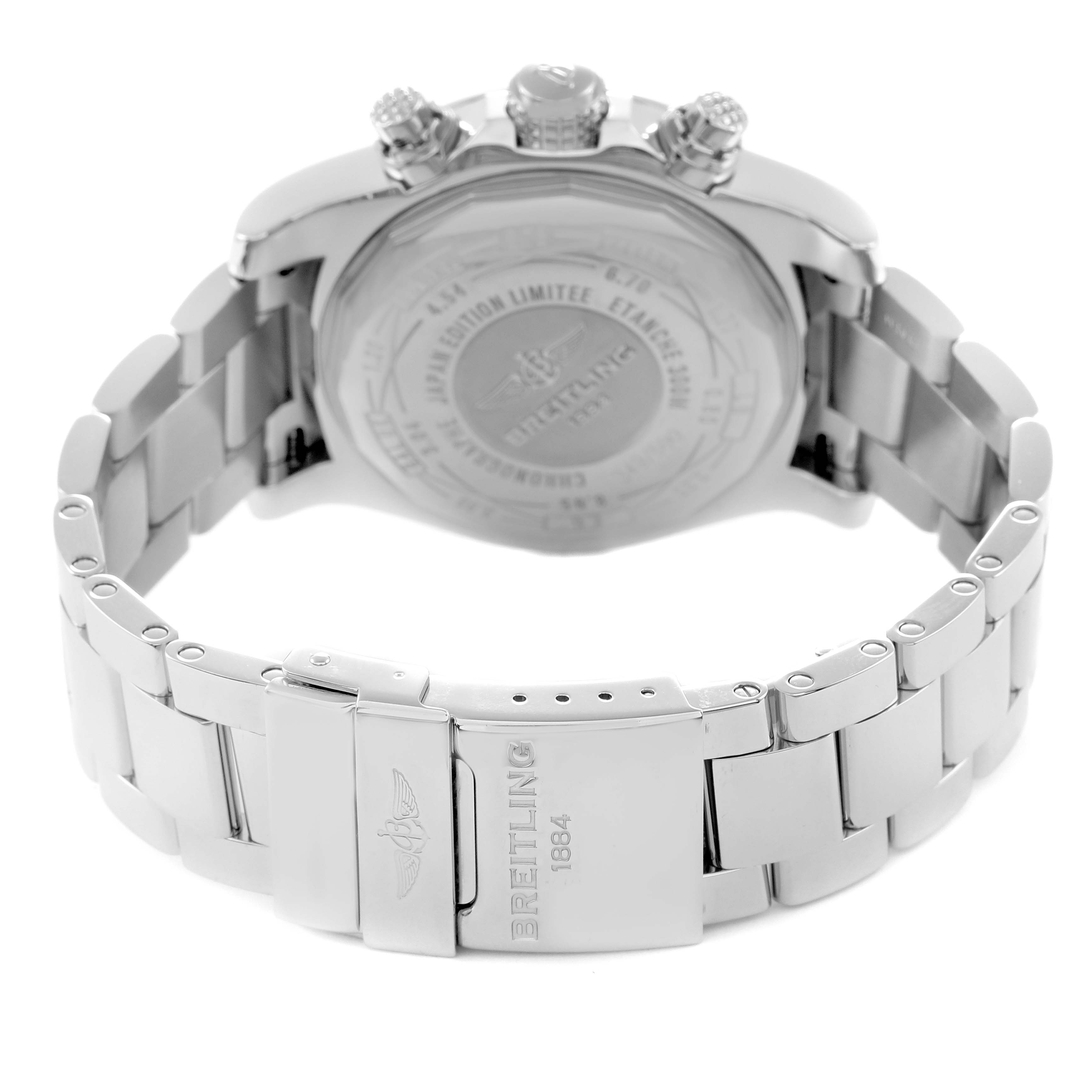 The Breitling Avenger A13381 Men
s Stainless Steel White Dial A13381 Men
s Stainless Steel White Dial watch is shown from the back, highlighting the case back, crown, pushers, and metal bracelet.