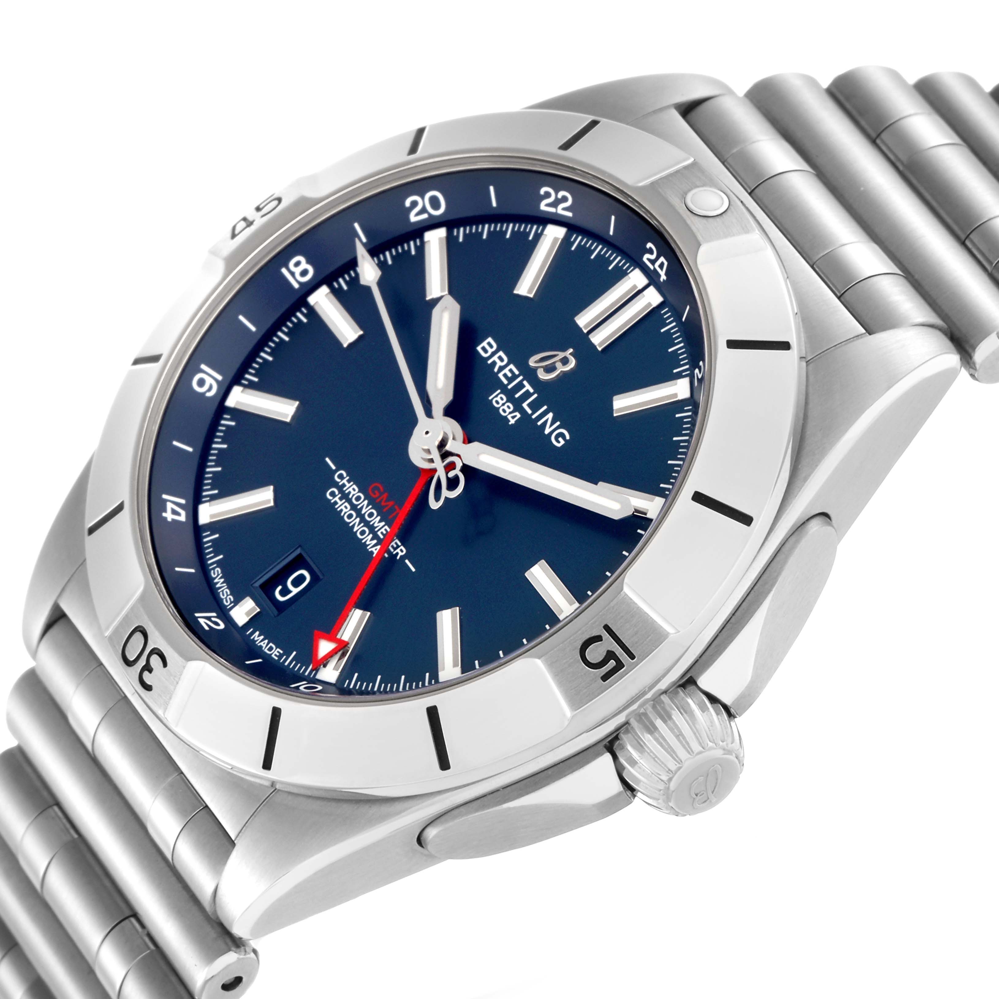 The Breitling Chronomat A32398 Men
s Stainless Steel Blue Dial A32398 Men
s Stainless Steel Blue Dial watch is shown at an angle displaying its dial, bezel, crown, and part of the metal bracelet.