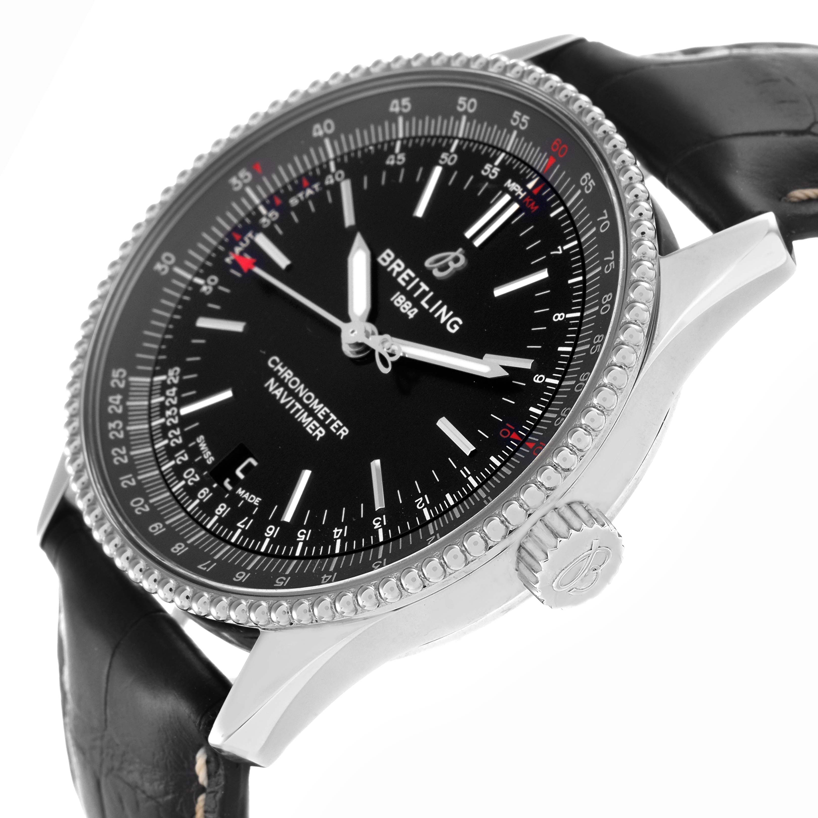 The Breitling Navitimer A17325 Men
s Stainless Steel Black Dial A17325 Men
s Stainless Steel Black Dial is shown at a slight angle, highlighting the black dial, bezel, case, crown, and black leather strap.