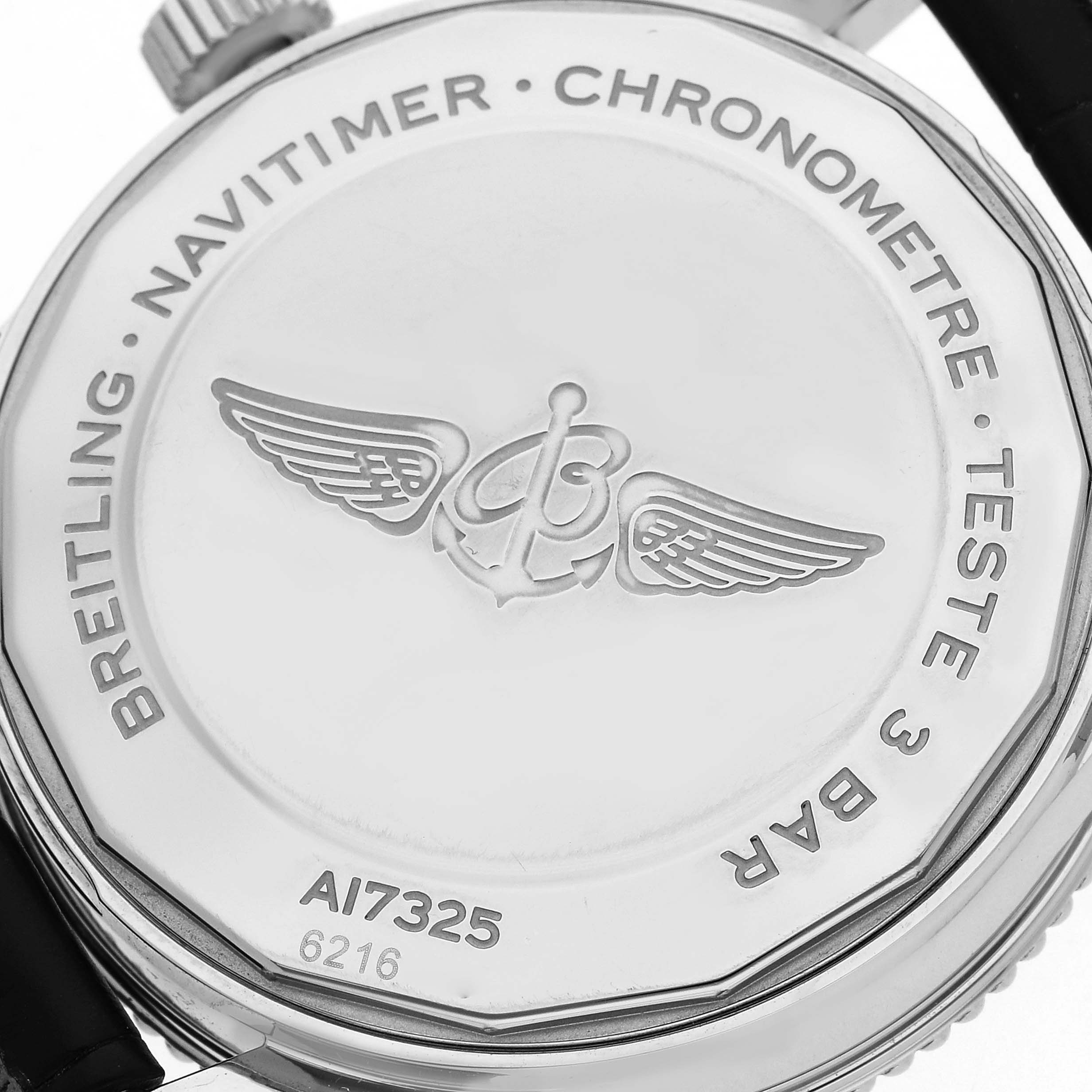 The image shows the case back of a Breitling Navitimer A17325 Men
s Stainless Steel Black Dial A17325 Men
s Stainless Steel Black Dial watch, featuring engraved branding and logo.