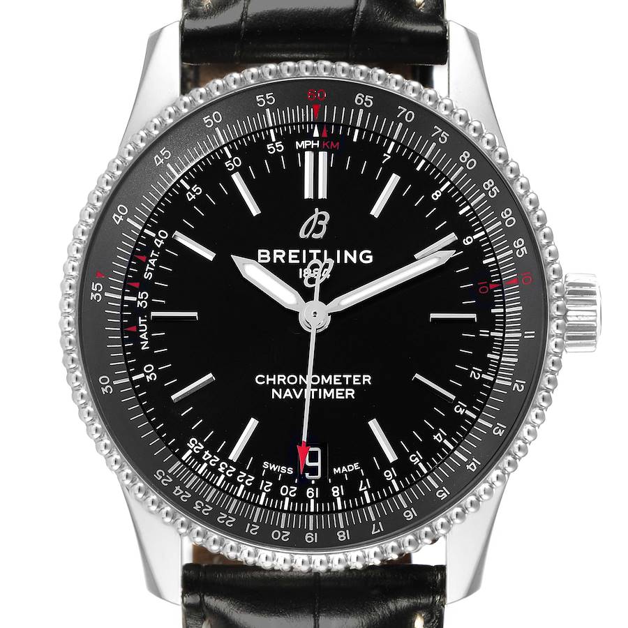 The Breitling Navitimer watch is shown from the front, displaying its black dial, bezel, and leather strap.