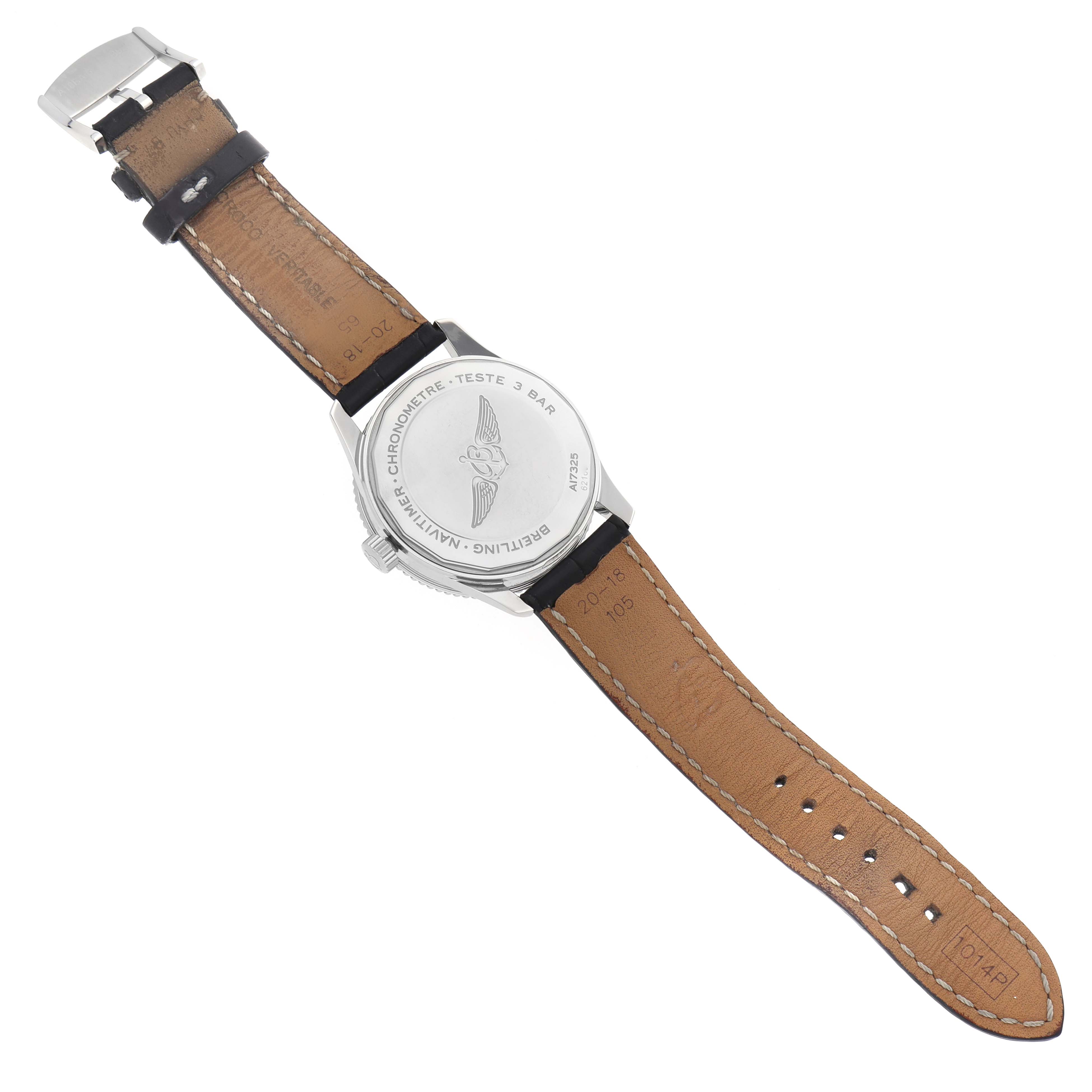 The image shows the back view of a Breitling Navitimer A17325 Men
s Stainless Steel Black Dial A17325 Men
s Stainless Steel Black Dial watch, displaying the case back and leather strap.